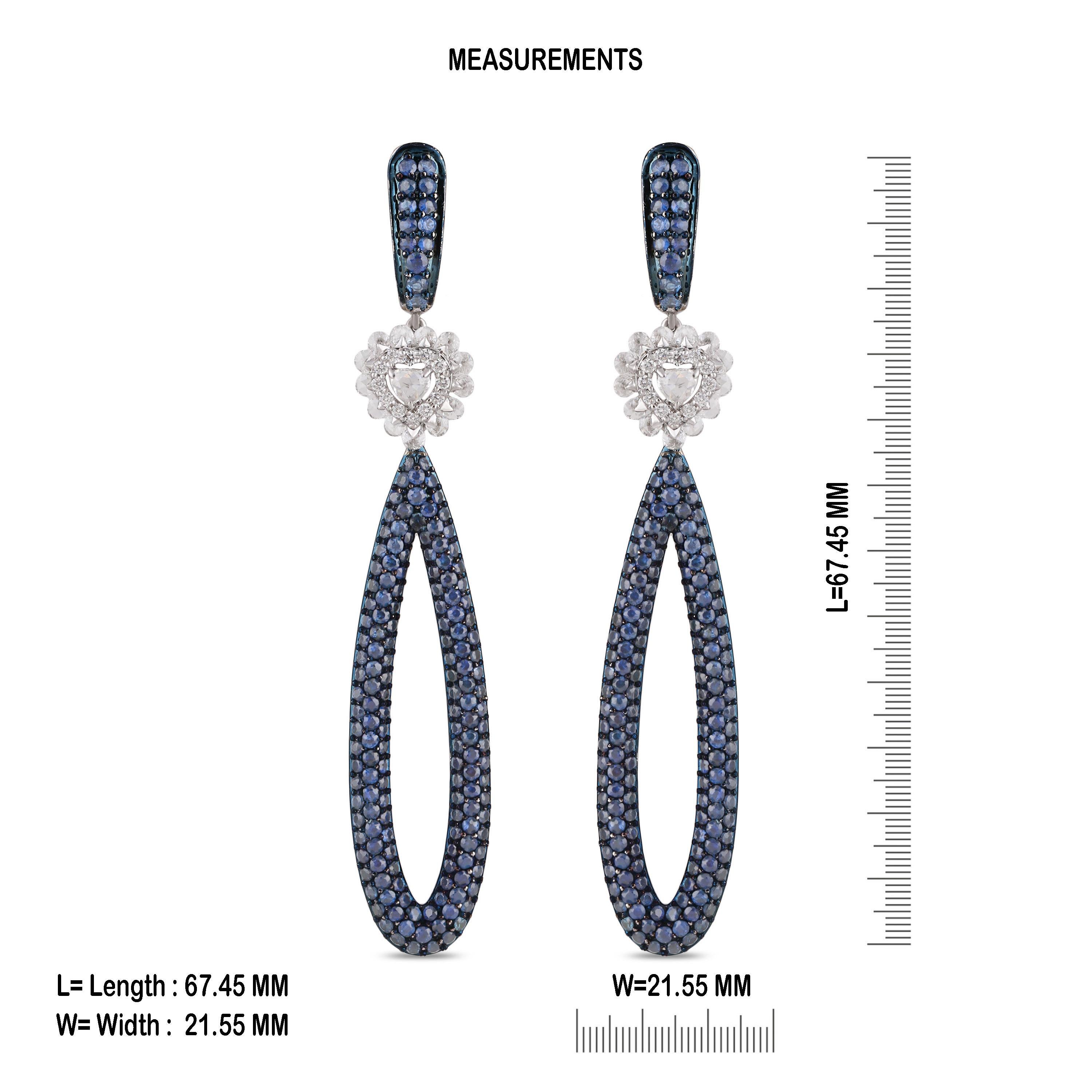 Rose Cut Studio Rêves Diamonds and Blue Sapphire Dangling Drop Earrings in 18 Karat Gold For Sale