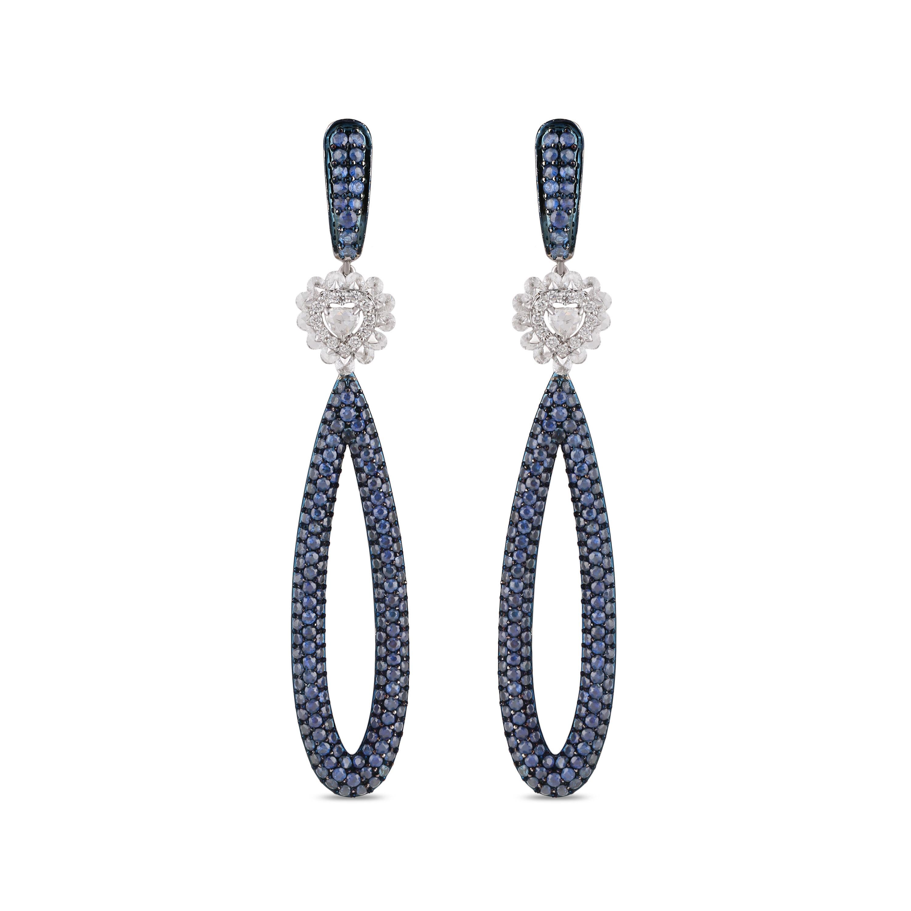 Women's Studio Rêves Diamonds and Blue Sapphire Dangling Drop Earrings in 18 Karat Gold For Sale