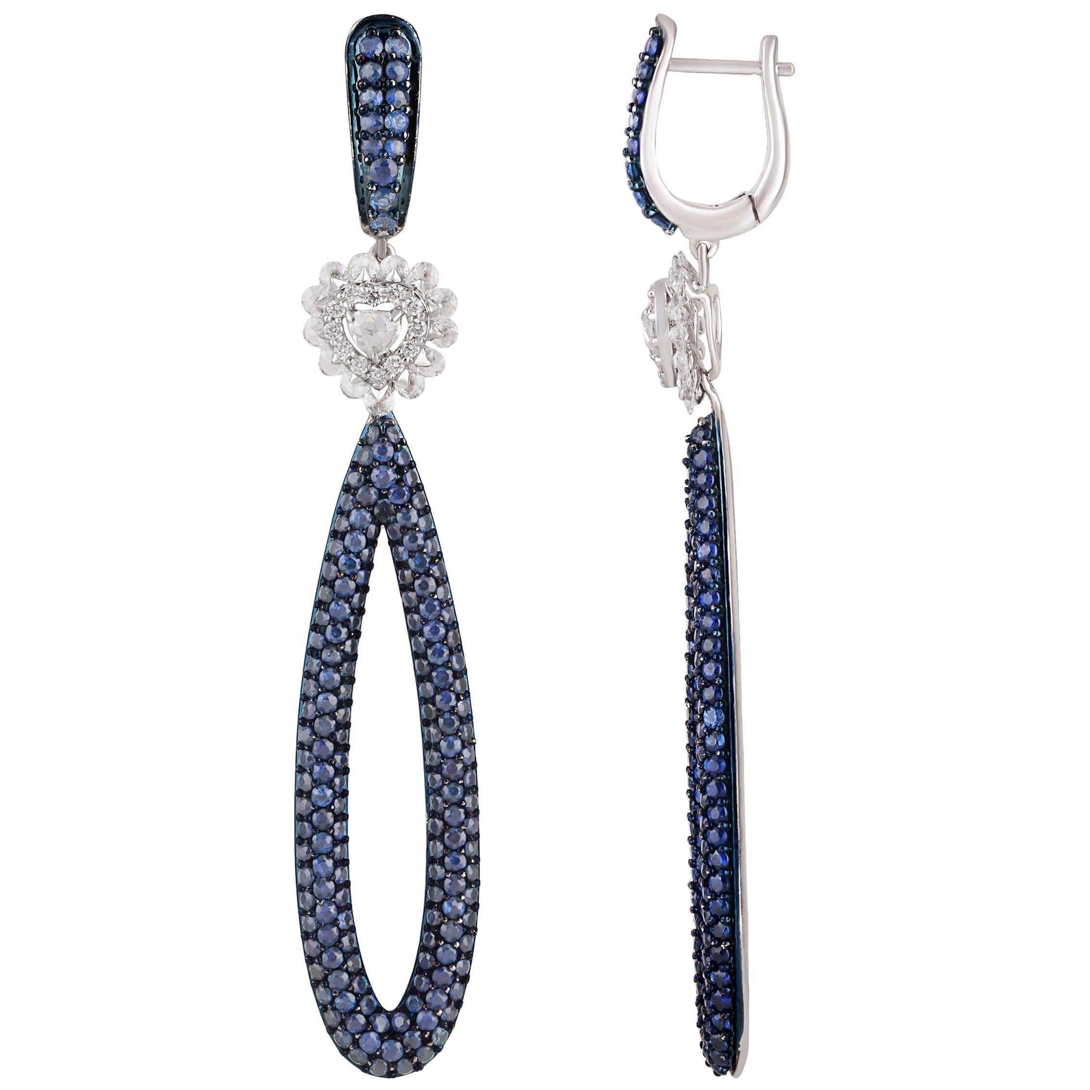 Studio Rêves Diamonds and Blue Sapphire Dangling Drop Earrings in 18 Karat Gold For Sale