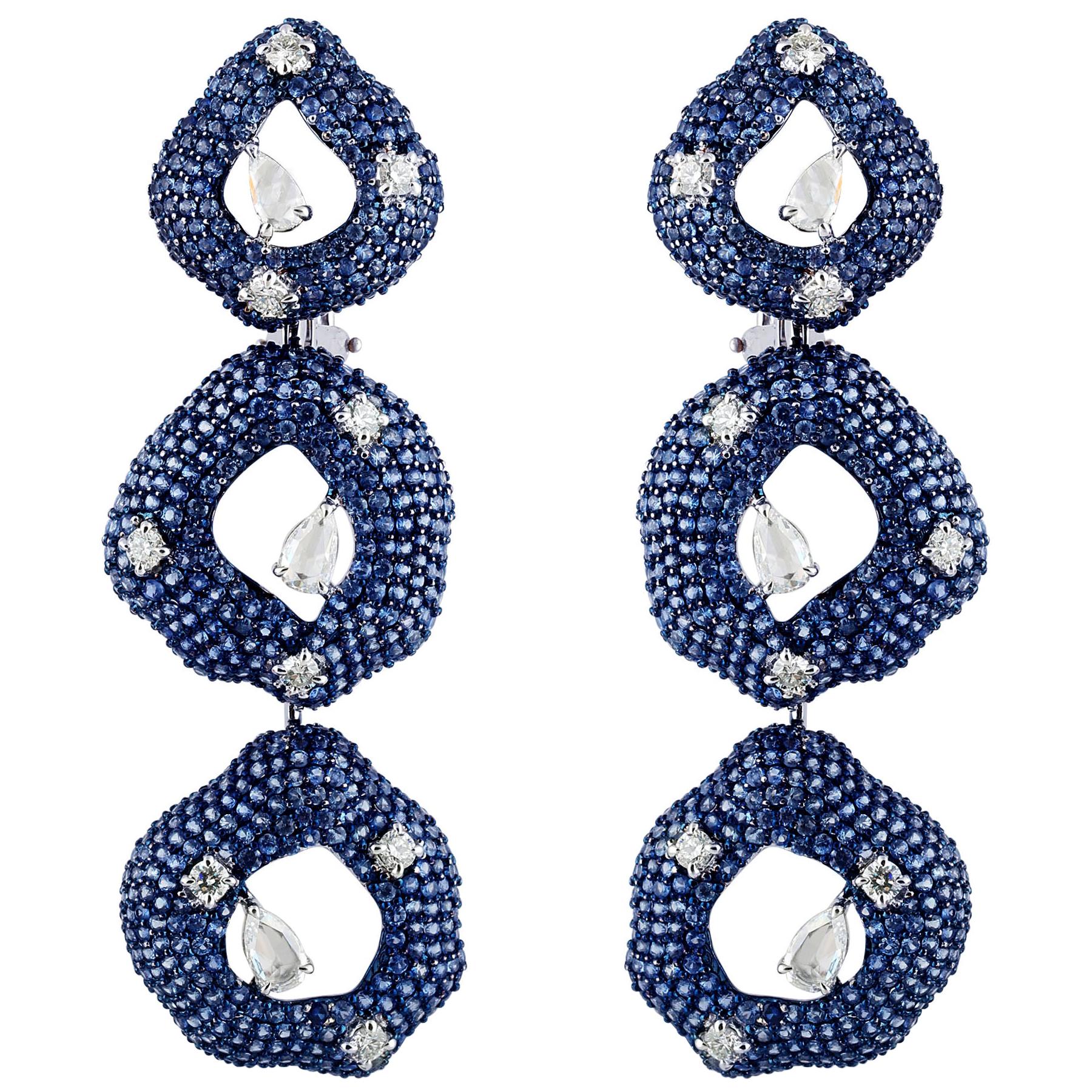 Studio Rêves Diamonds and Blue Sapphire Dangling Earrings in 18 Karat White Gold For Sale