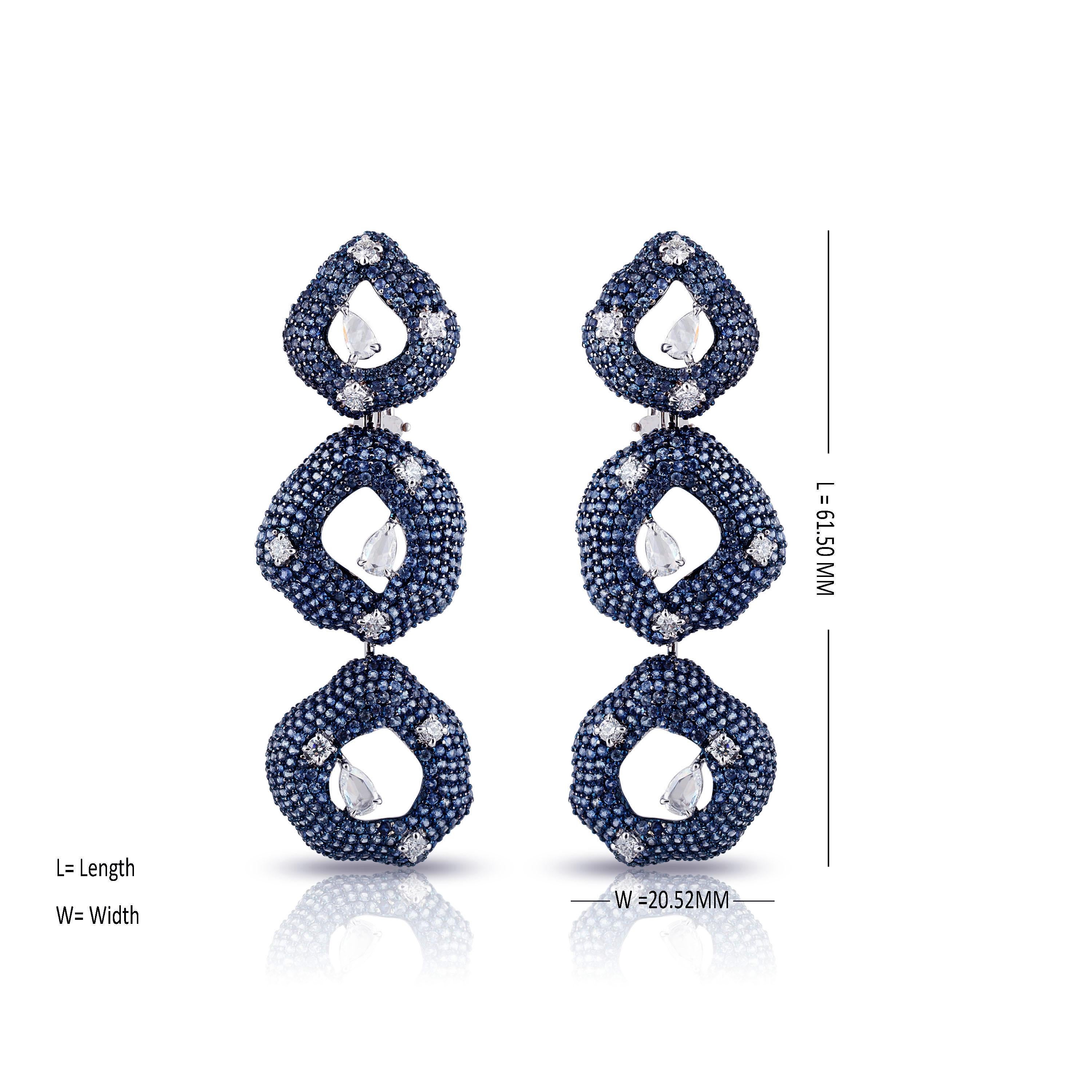 Contemporary Studio Rêves Diamonds and Blue Sapphire Dangling Earrings in 18 Karat White Gold For Sale
