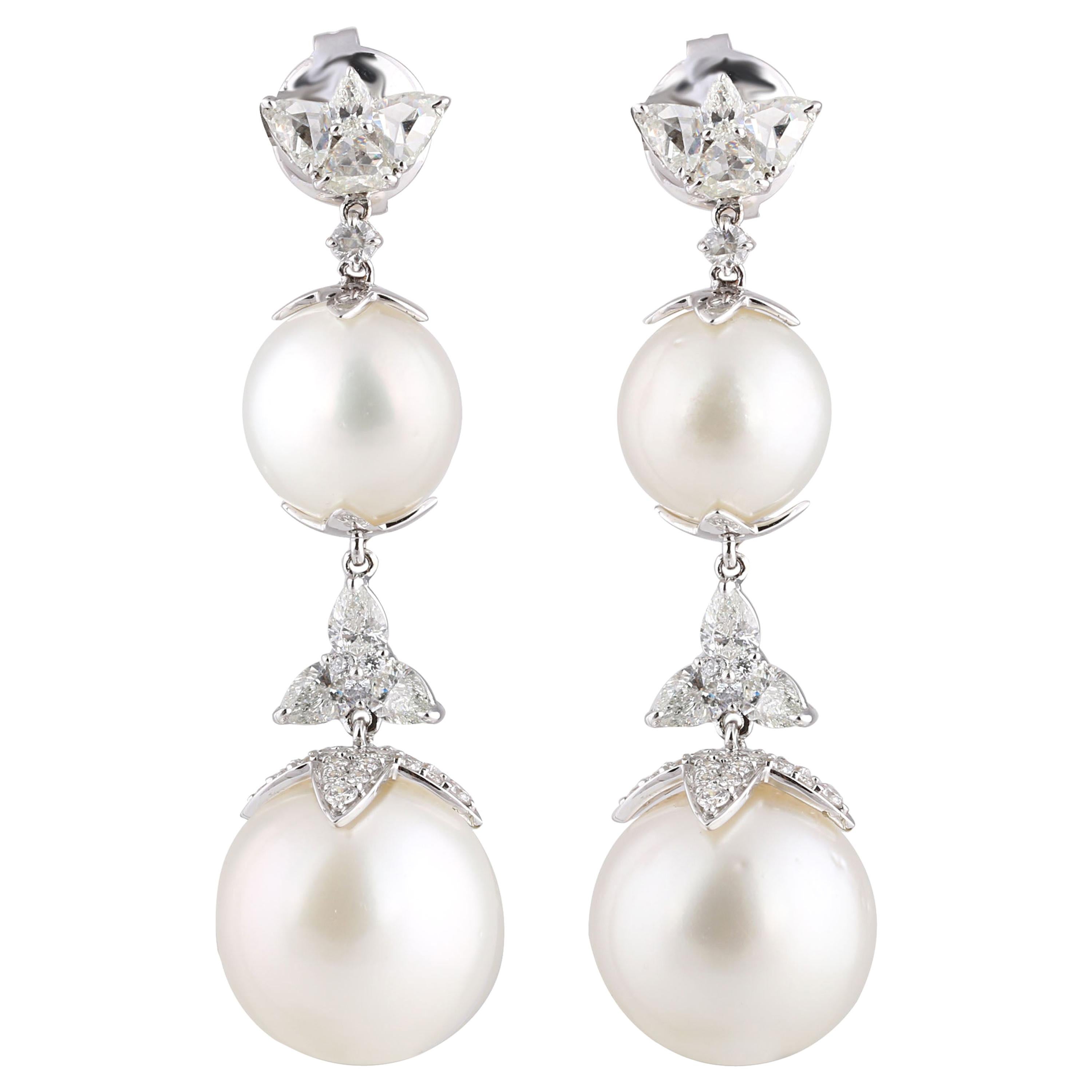 Pear Cut Studio Rêves Diamonds and Pearls Dangling Earrings in 18 Karat Gold