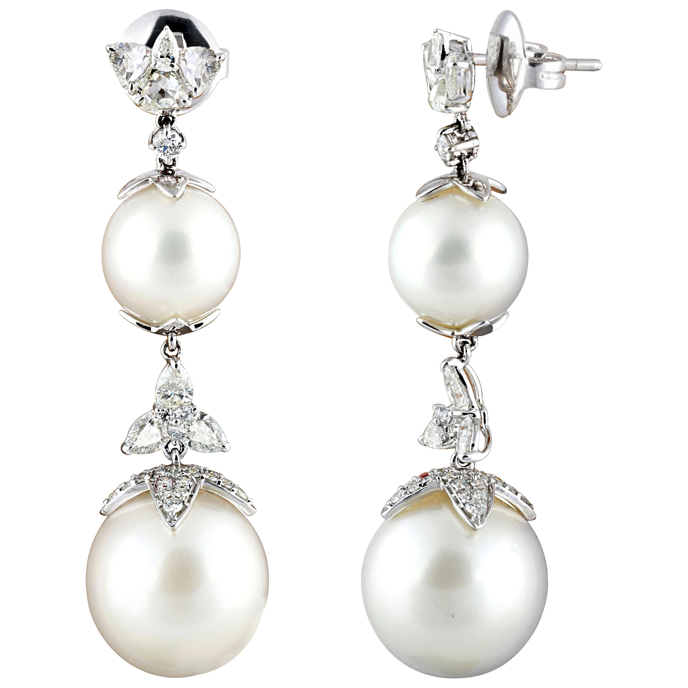 Studio Rêves Diamonds and Pearls Dangling Earrings in 18 Karat Gold