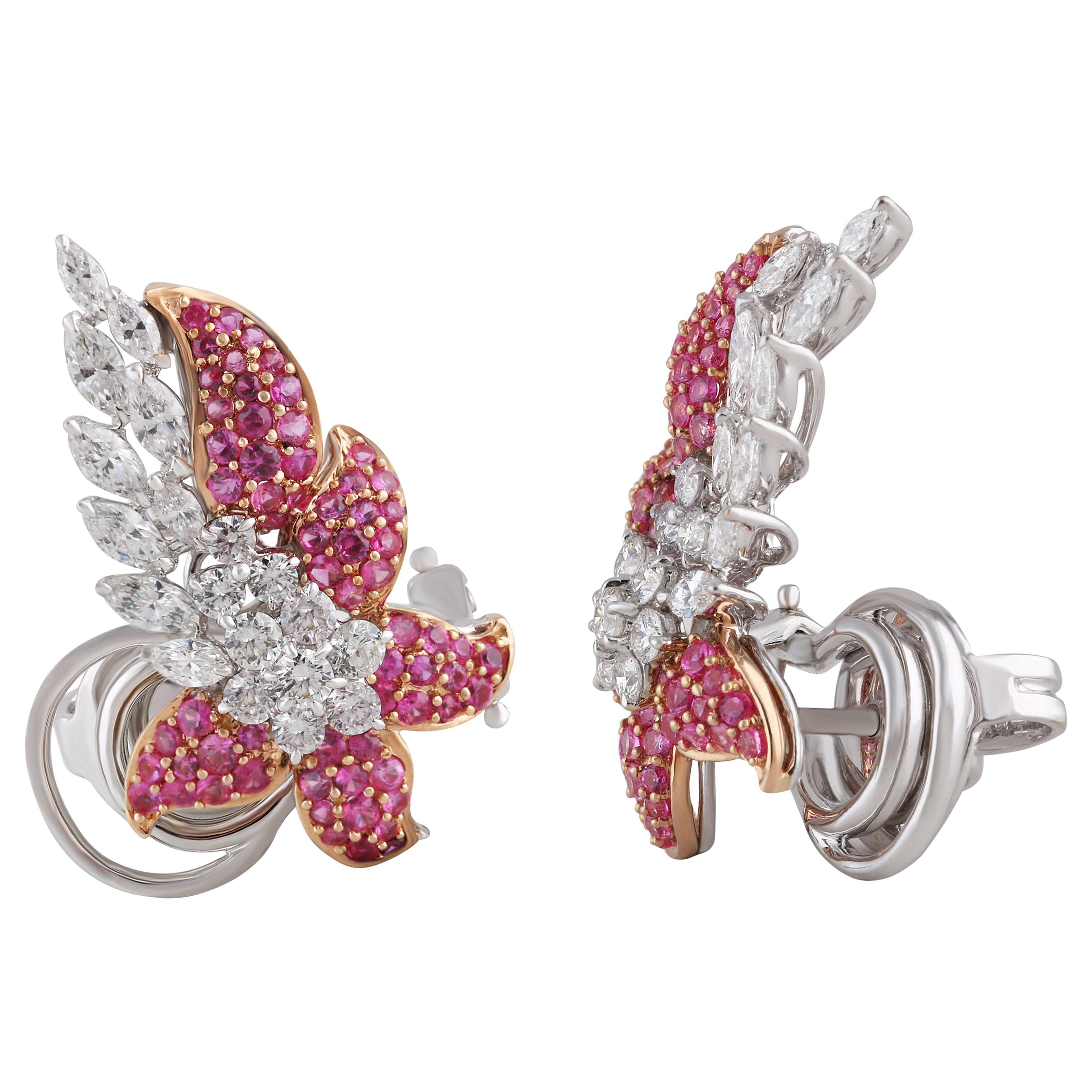 Studio Rêves Diamonds and Pink Sapphire Clip-On Earrings in 18 Karat Gold For Sale