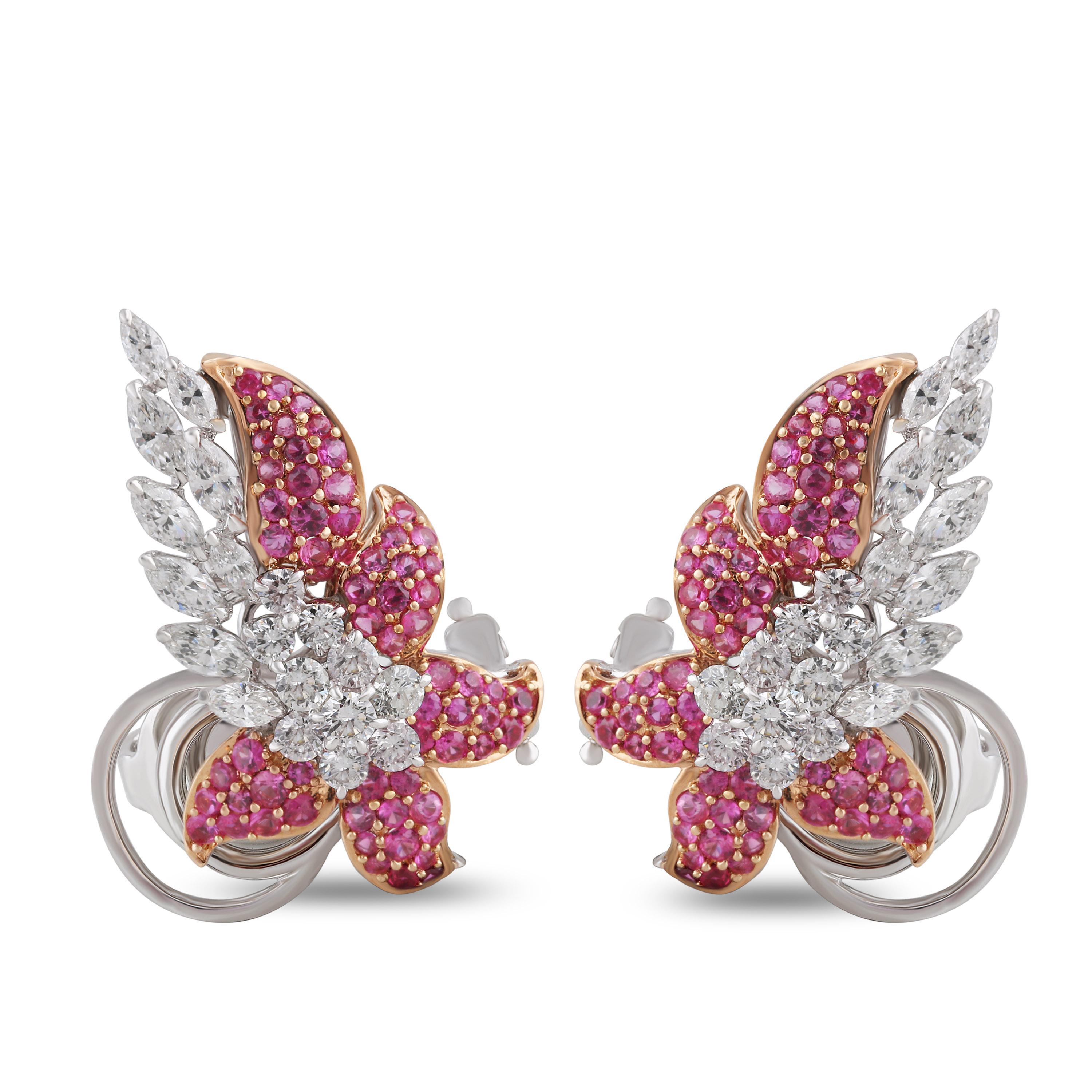 Marquise Cut Studio Rêves Diamonds and Pink Sapphire Clip-On Earrings in 18 Karat Gold For Sale