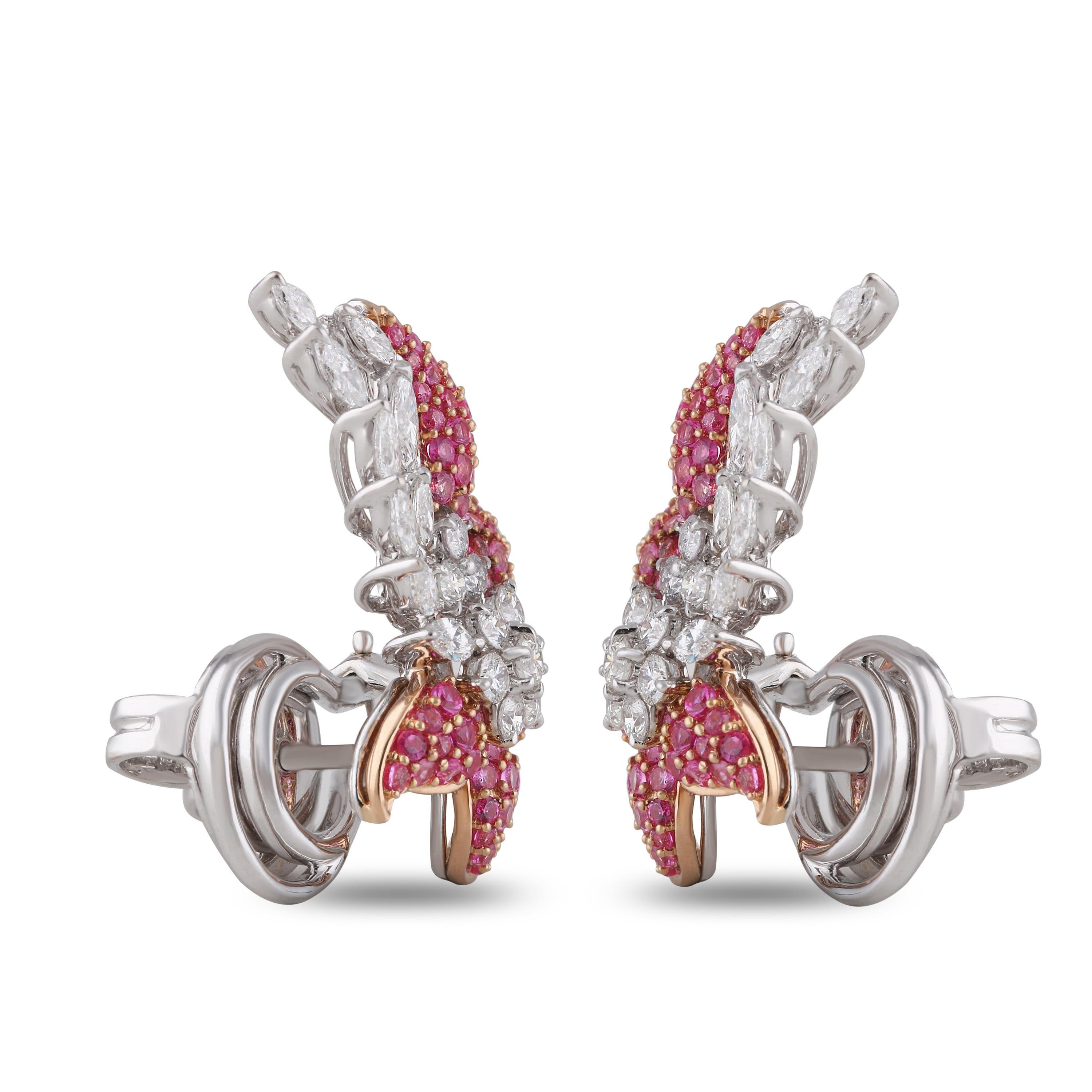 Studio Rêves Diamonds and Pink Sapphire Clip-On Earrings in 18 Karat Gold In New Condition For Sale In Mumbai, Maharashtra