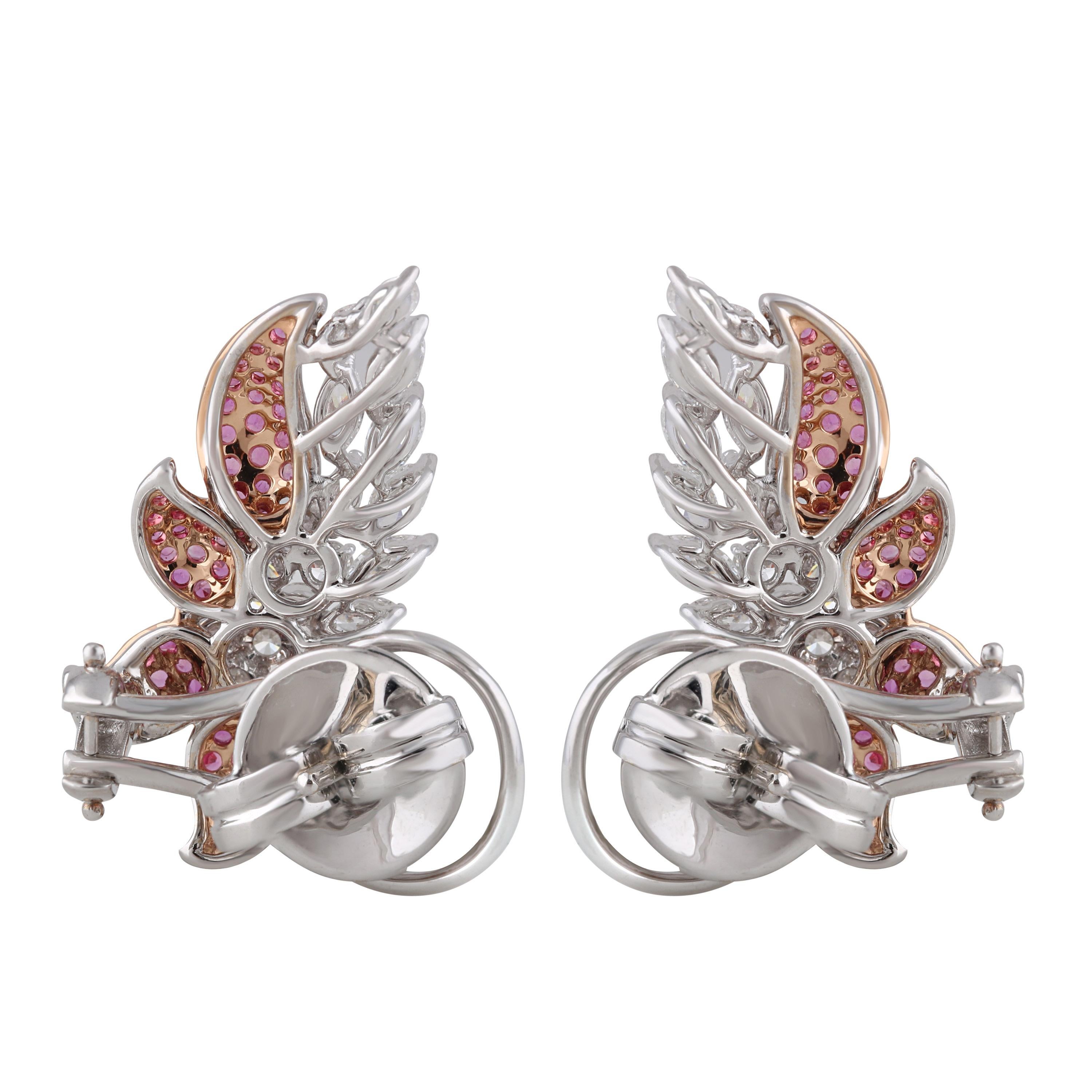 Women's Studio Rêves Diamonds and Pink Sapphire Clip-On Earrings in 18 Karat Gold For Sale