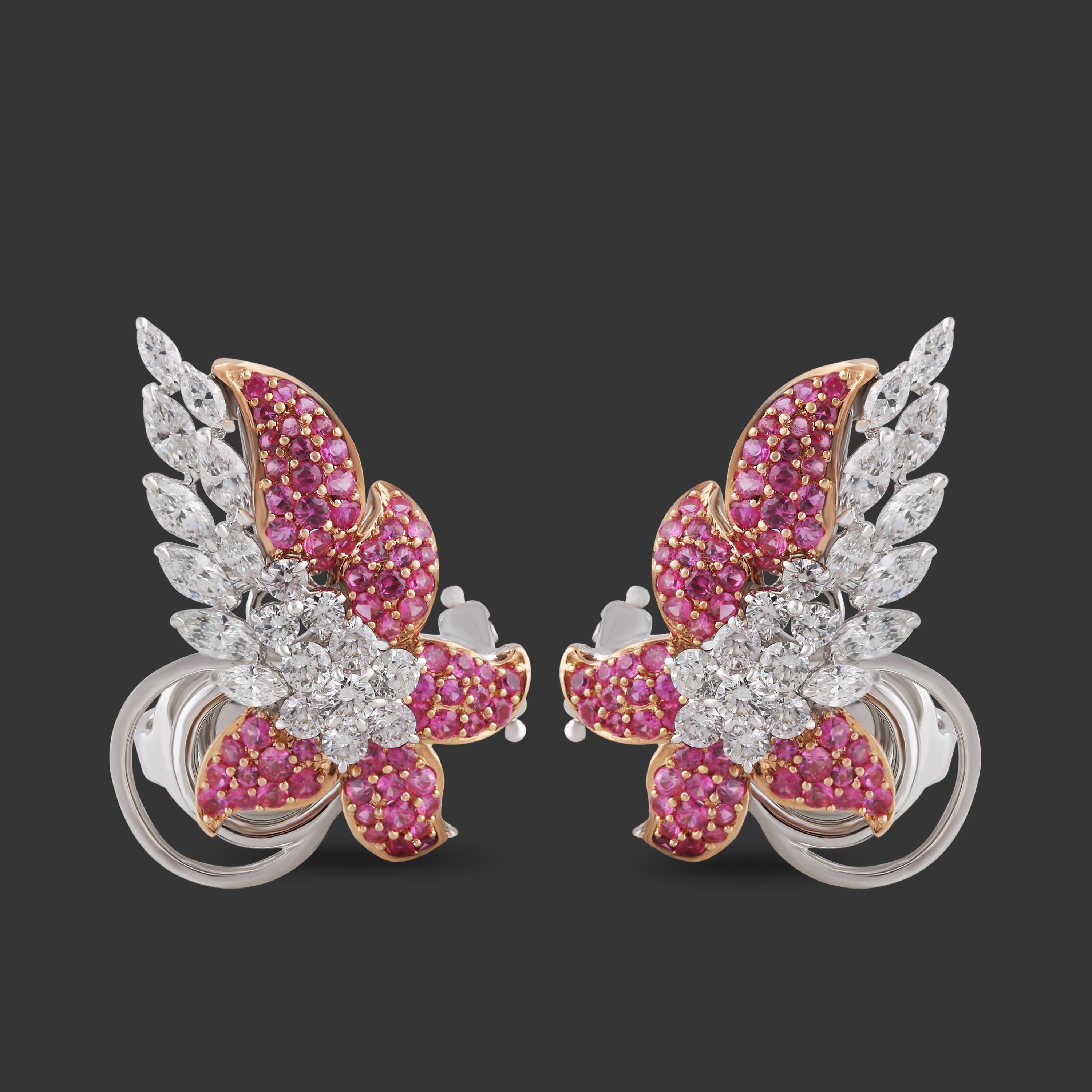 Studio Rêves Diamonds and Pink Sapphire Clip-On Earrings in 18 Karat Gold For Sale 1