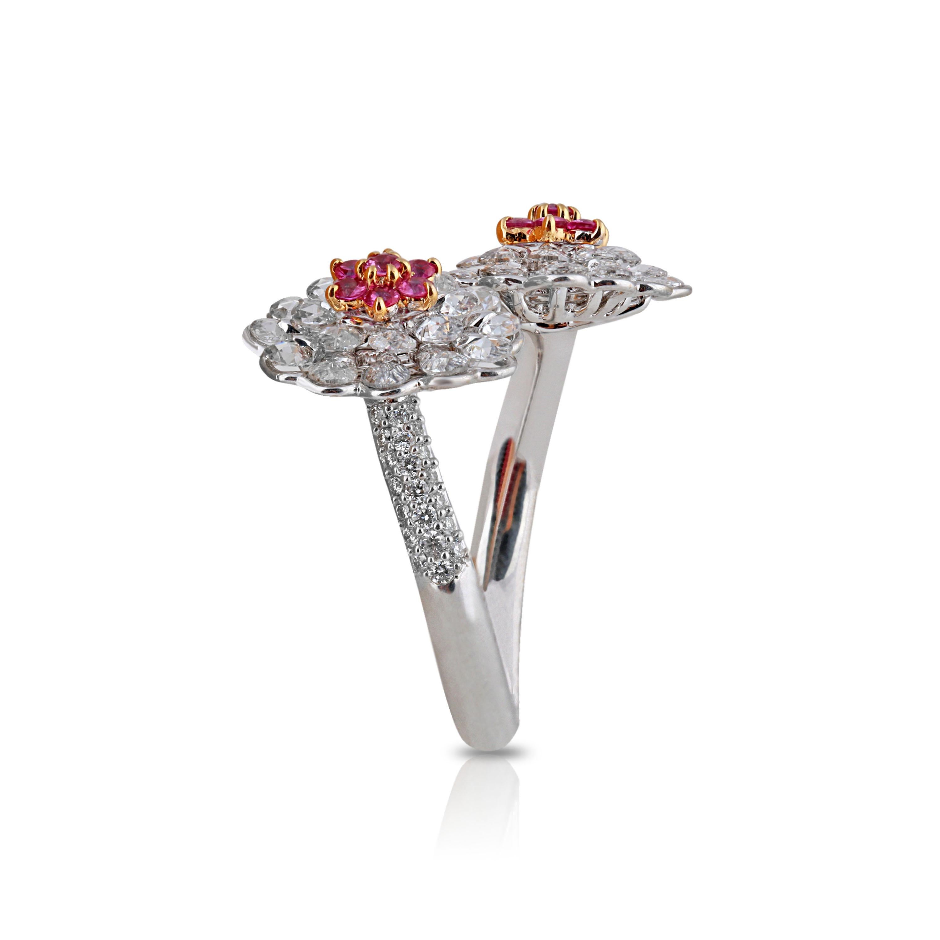 Rose Cut Studio Rêves Diamonds and Pink Sapphire Cluster Ring in 18 Karat Gold