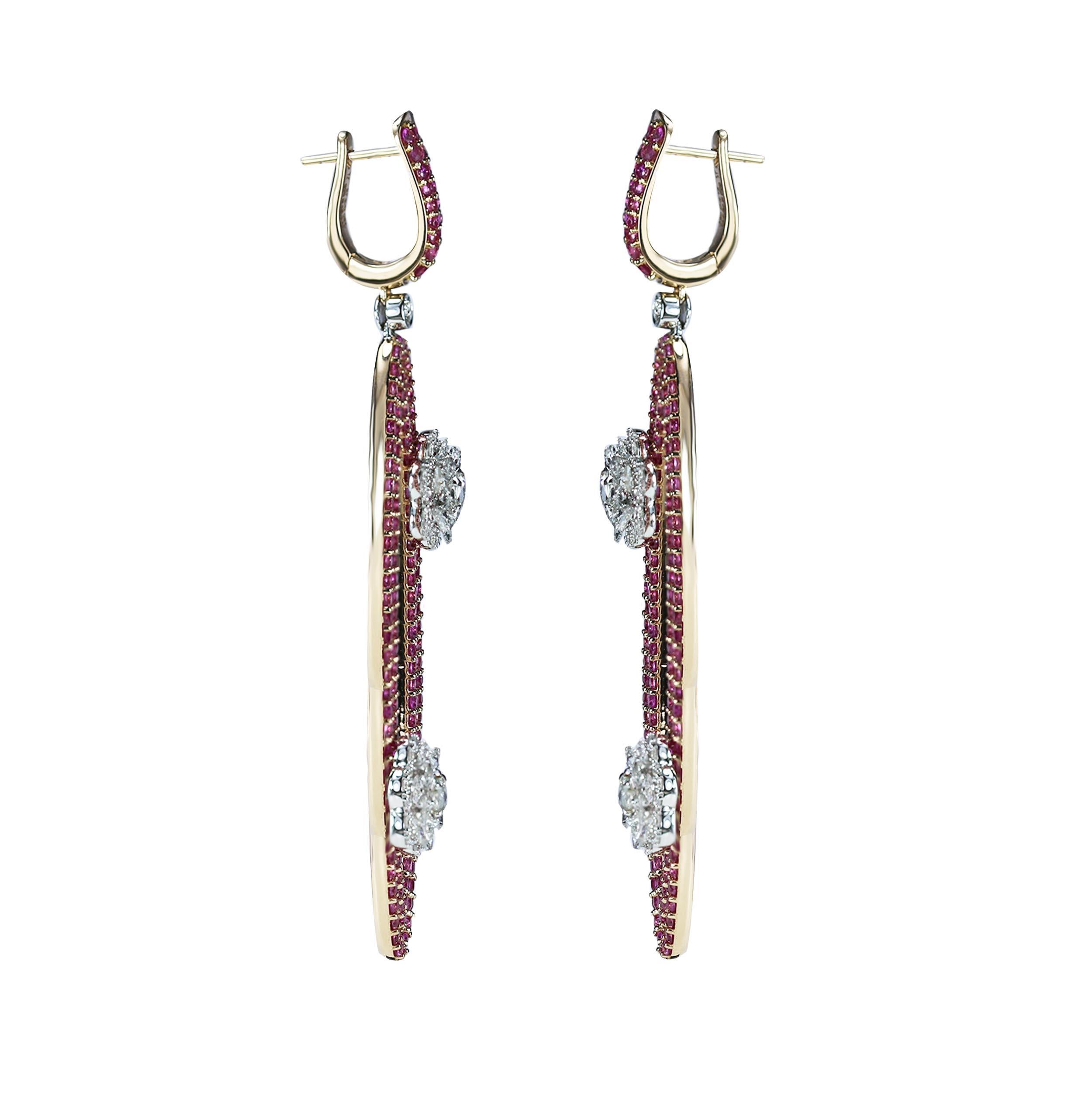 Art Deco Studio Rêves Diamonds and Pink Sapphire Oval Dangling Earrings in 18 Karat Gold For Sale