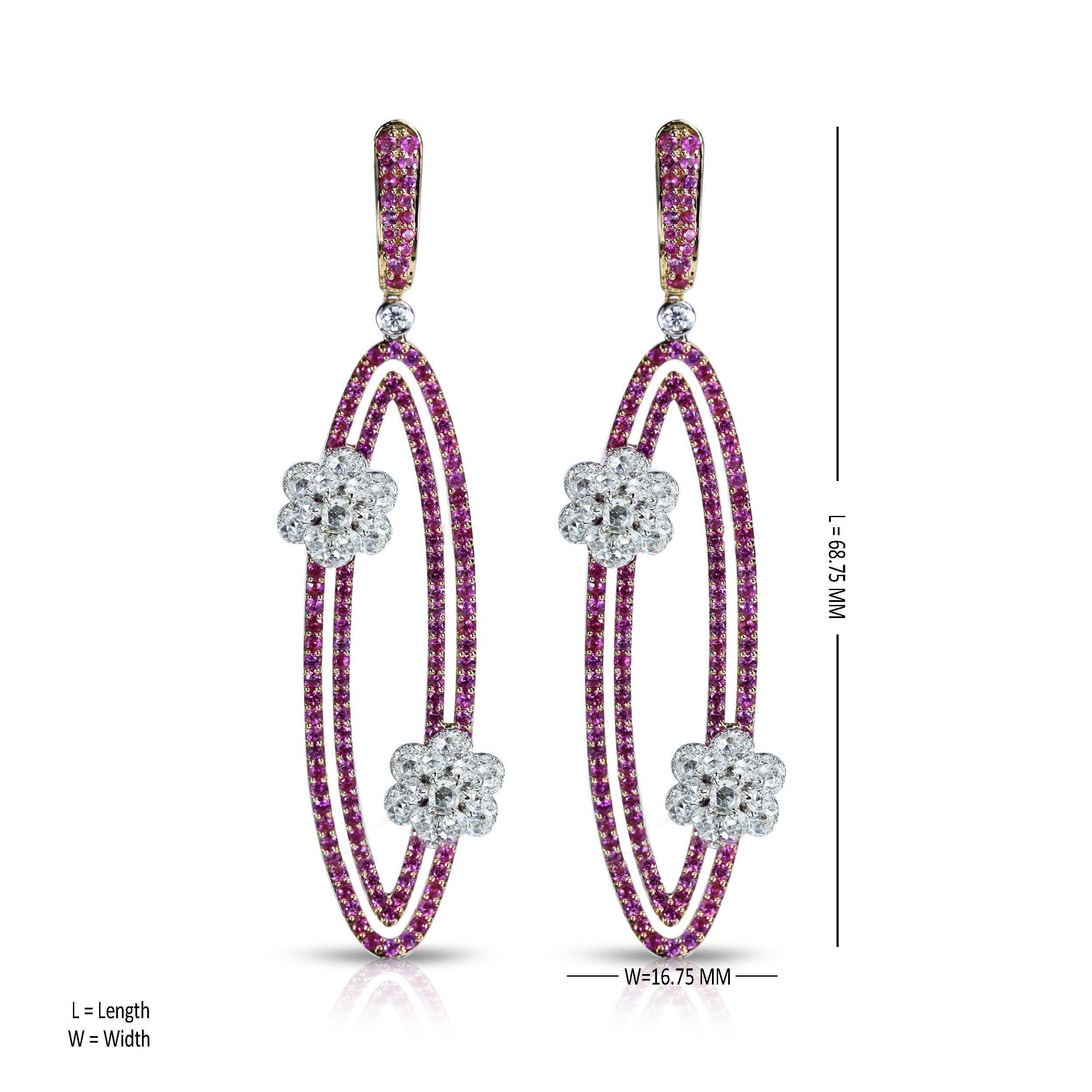 Rose Cut Studio Rêves Diamonds and Pink Sapphire Oval Dangling Earrings in 18 Karat Gold For Sale