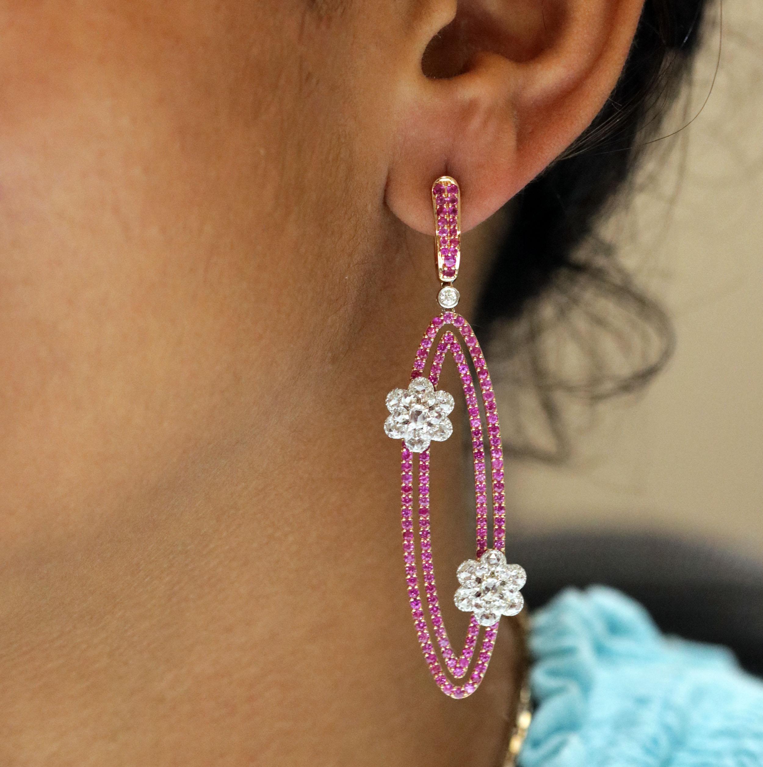 Women's Studio Rêves Diamonds and Pink Sapphire Oval Dangling Earrings in 18 Karat Gold For Sale