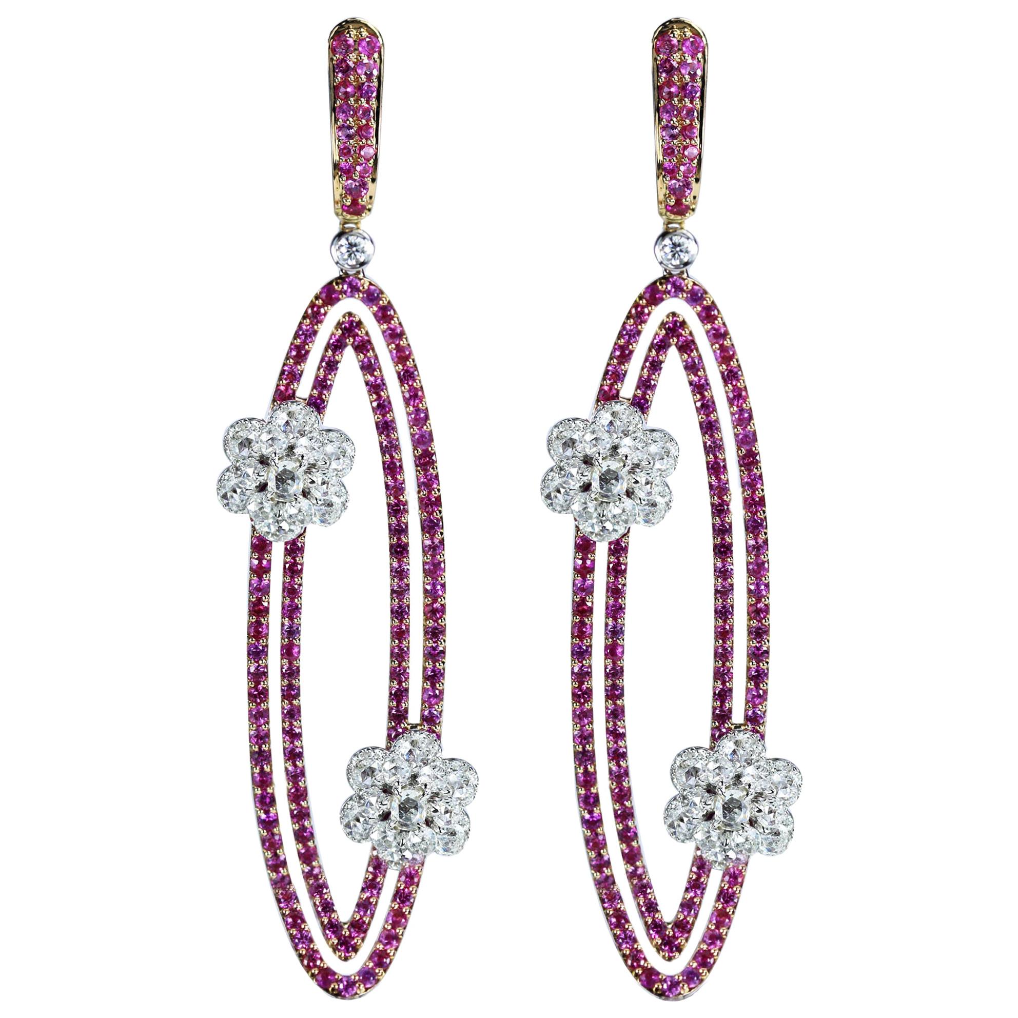 Studio Rêves Diamonds and Pink Sapphire Oval Dangling Earrings in 18 Karat Gold For Sale