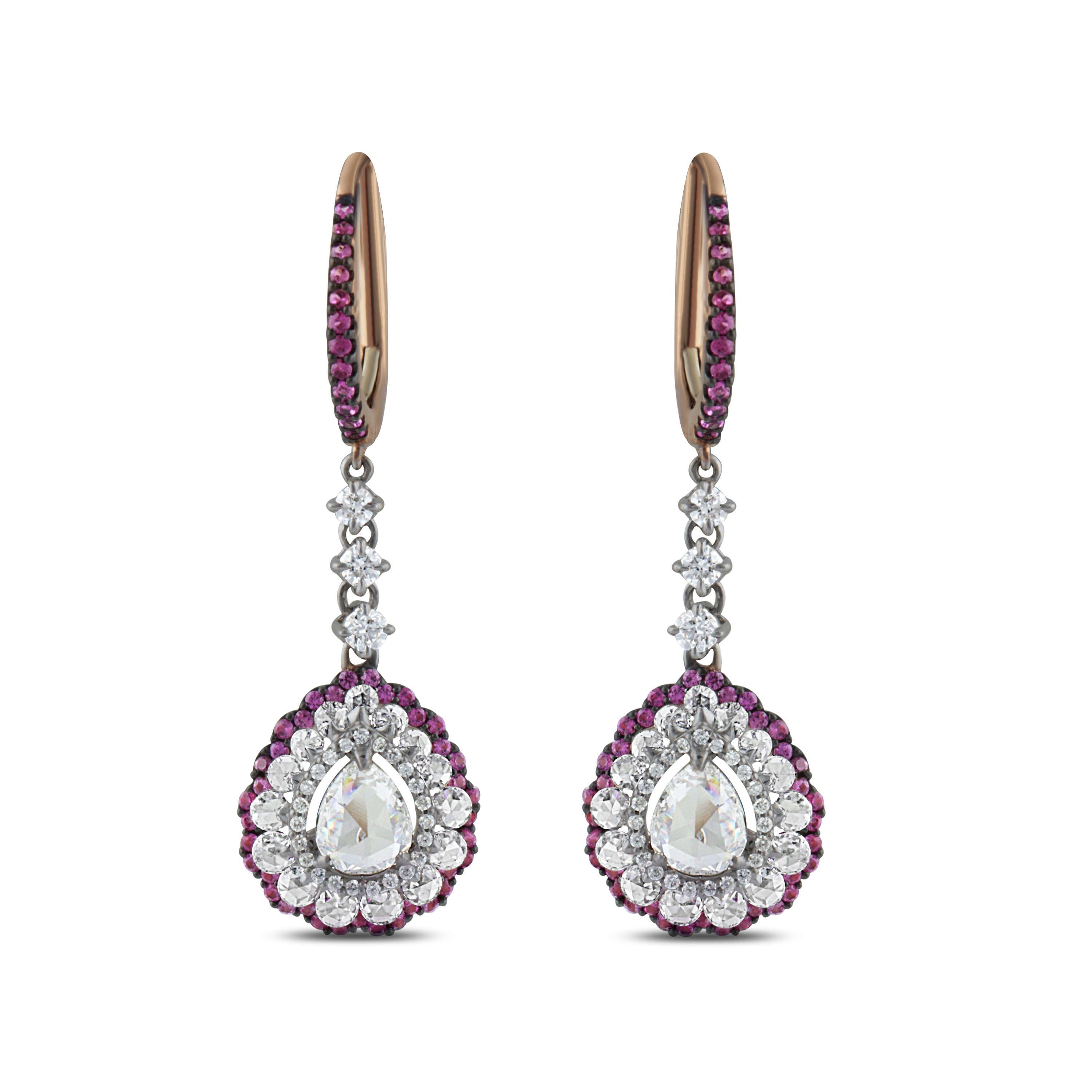 Women's Studio Rêves Diamonds and Pink Sapphires Dangling Earrings in 18 Karat Gold For Sale