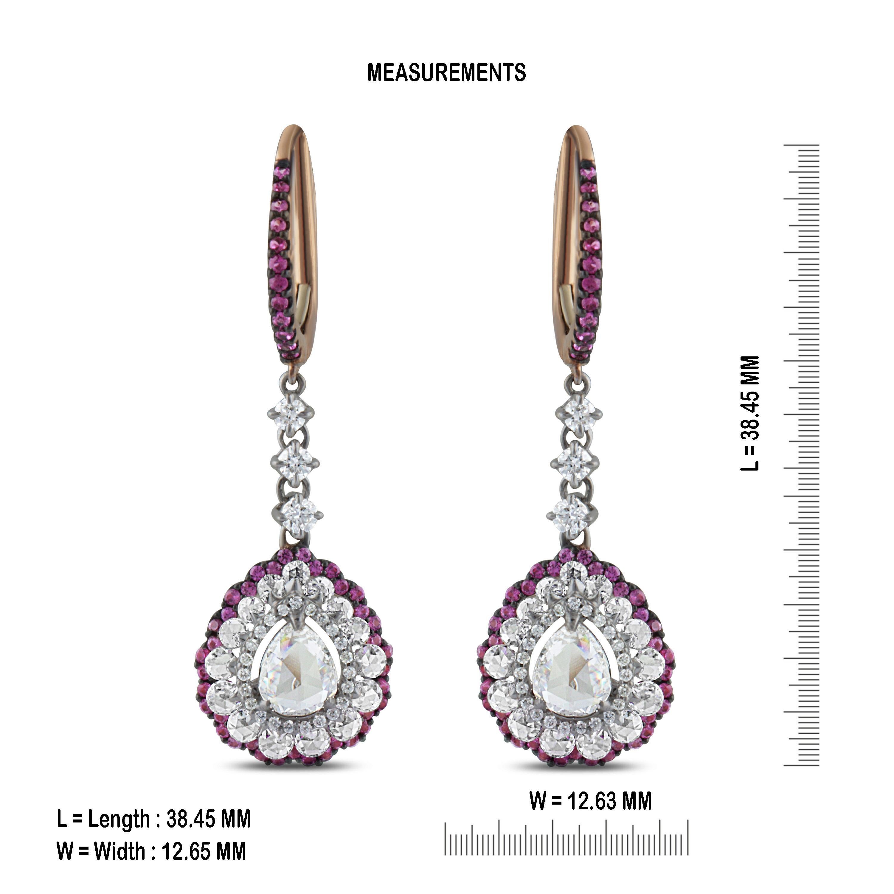 Studio Rêves Diamonds and Pink Sapphires Dangling Earrings in 18 Karat Gold In New Condition For Sale In Mumbai, Maharashtra