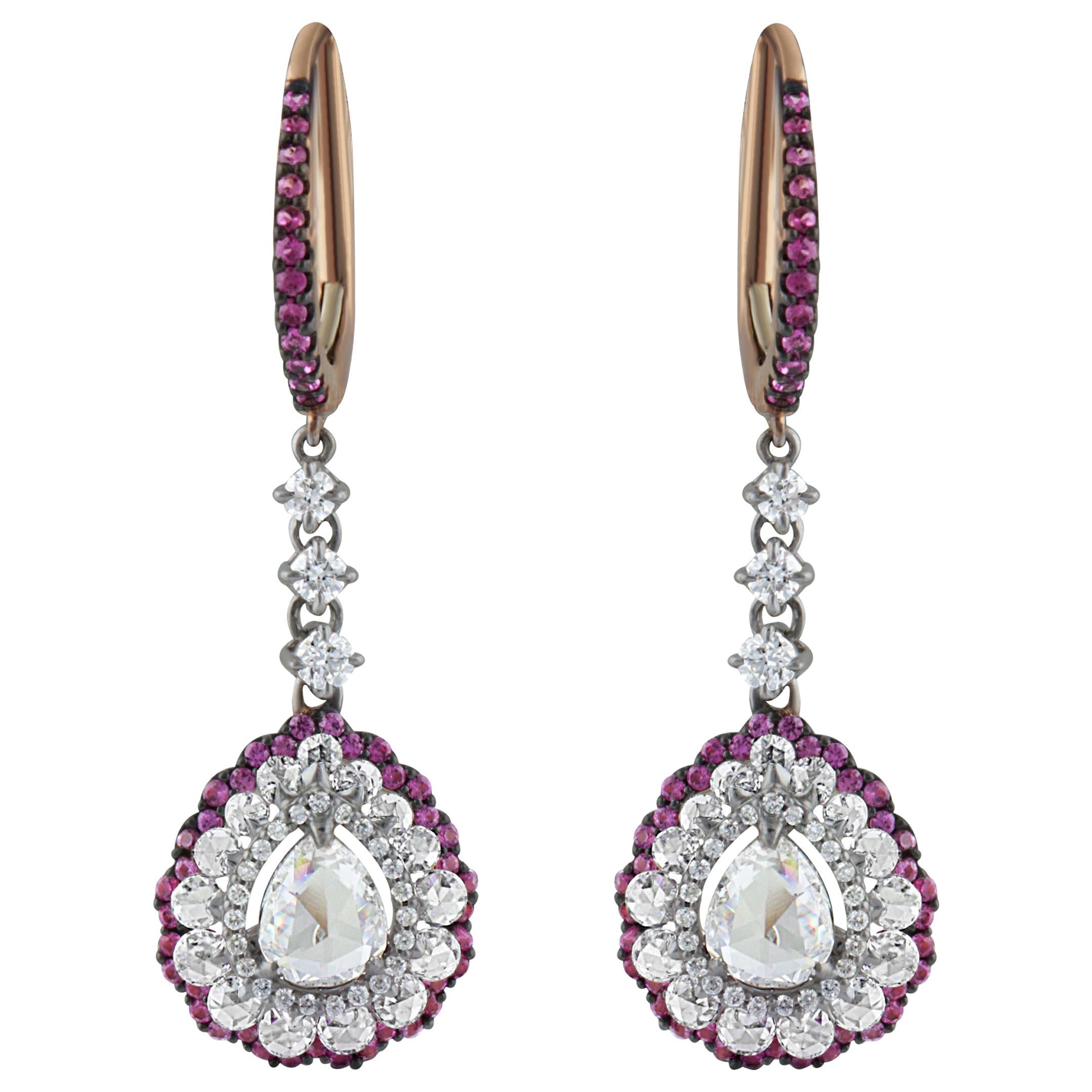 Studio Rêves Diamonds and Pink Sapphires Dangling Earrings in 18 Karat Gold For Sale