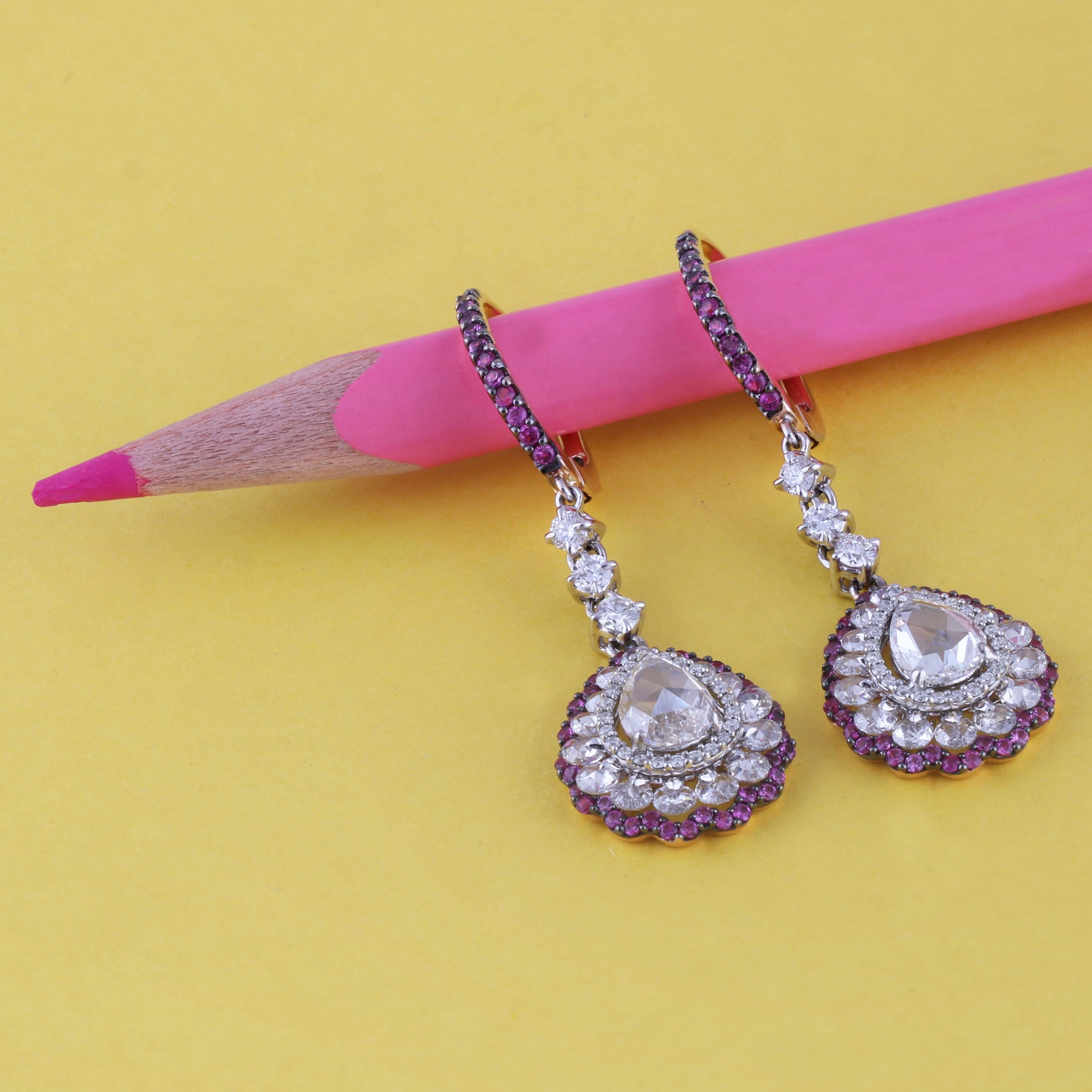 Rose Cut Studio Rêves Diamonds and Pink Sapphires Dangling Earrings in 18 Karat Gold For Sale