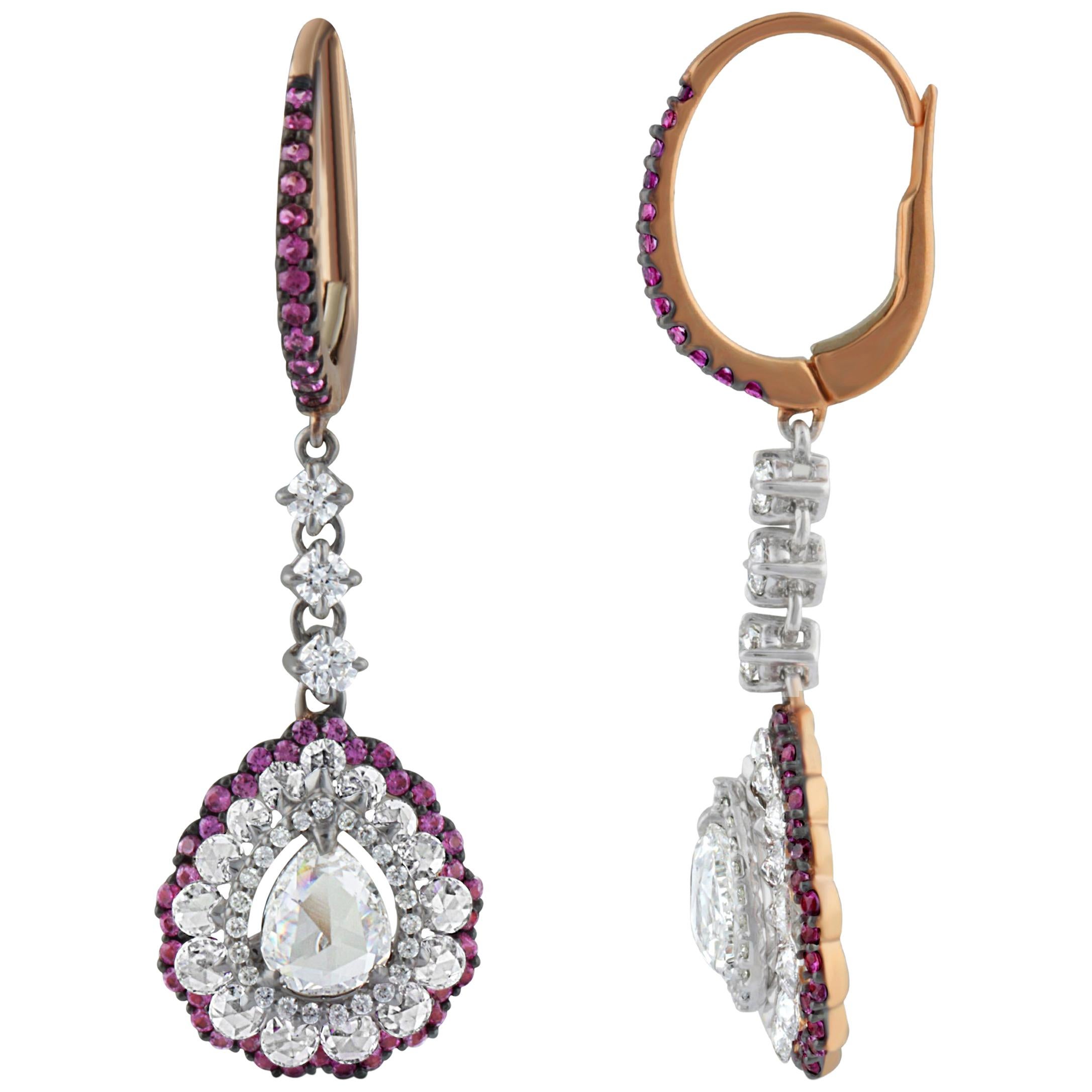 Women's Studio Rêves Diamonds and Pink Sapphires Dangling Earrings in 18 Karat Gold For Sale