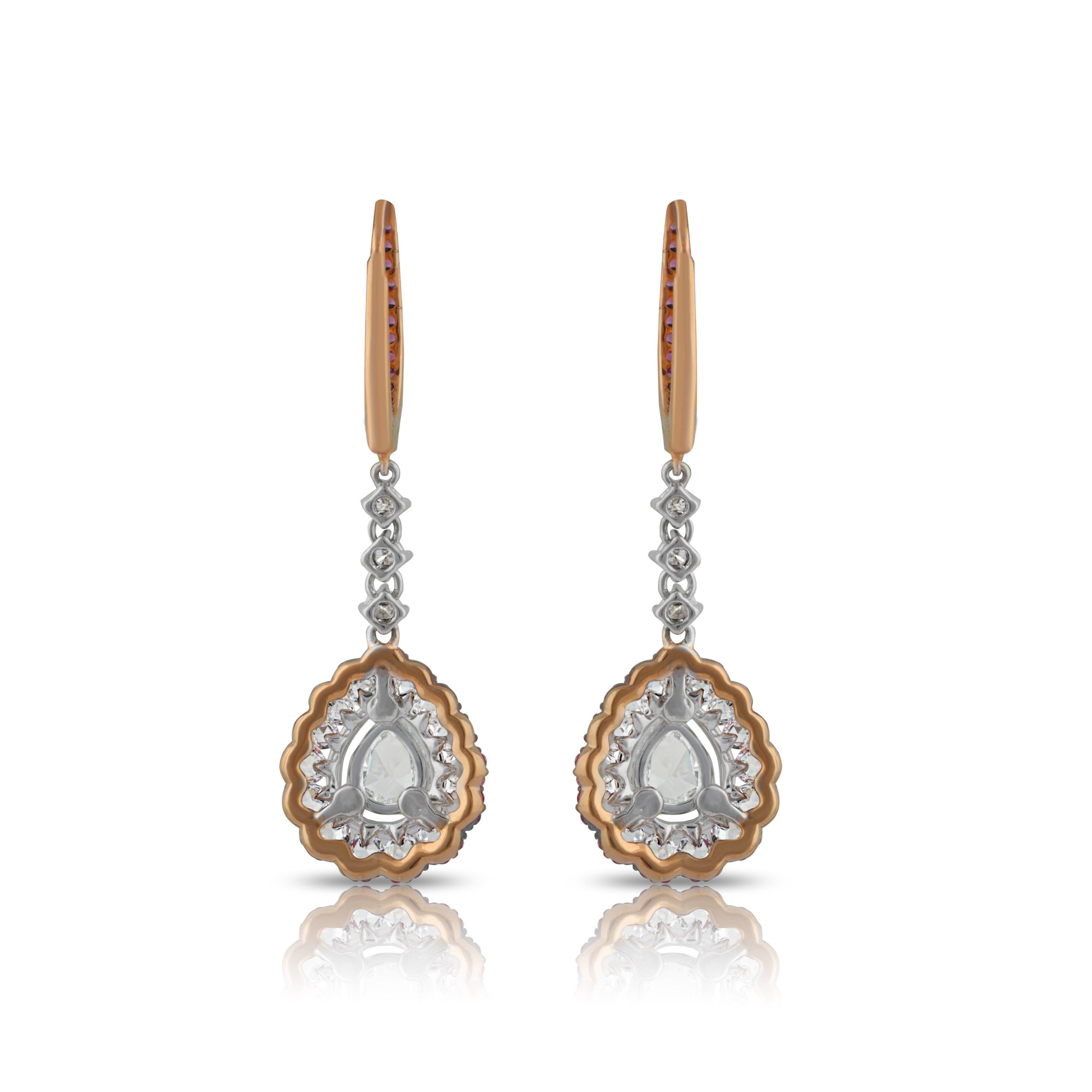 Studio Rêves Diamonds and Pink Sapphires Dangling Earrings in 18 Karat Gold For Sale 2