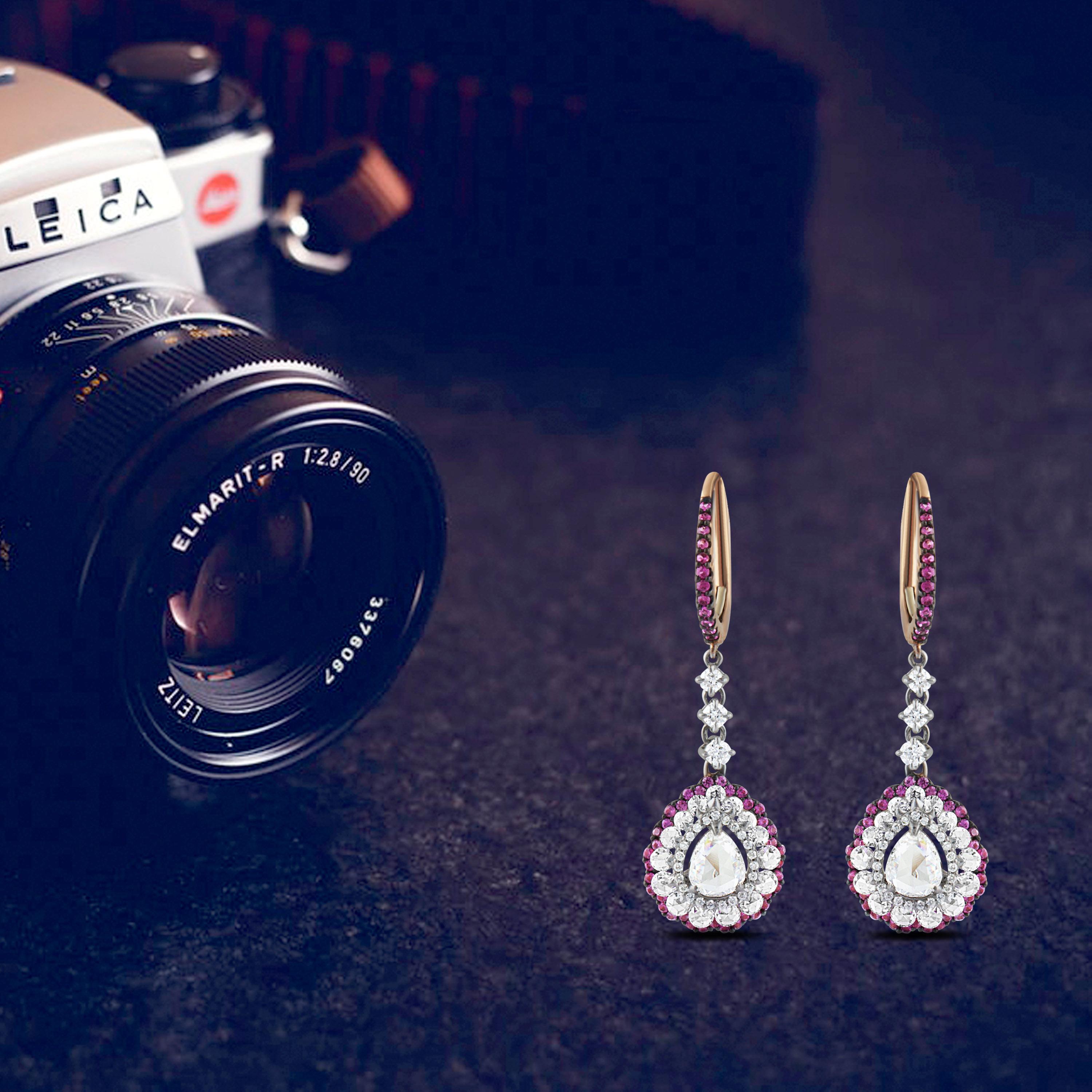 Studio Rêves Diamonds and Pink Sapphires Dangling Earrings in 18 Karat Gold For Sale 3