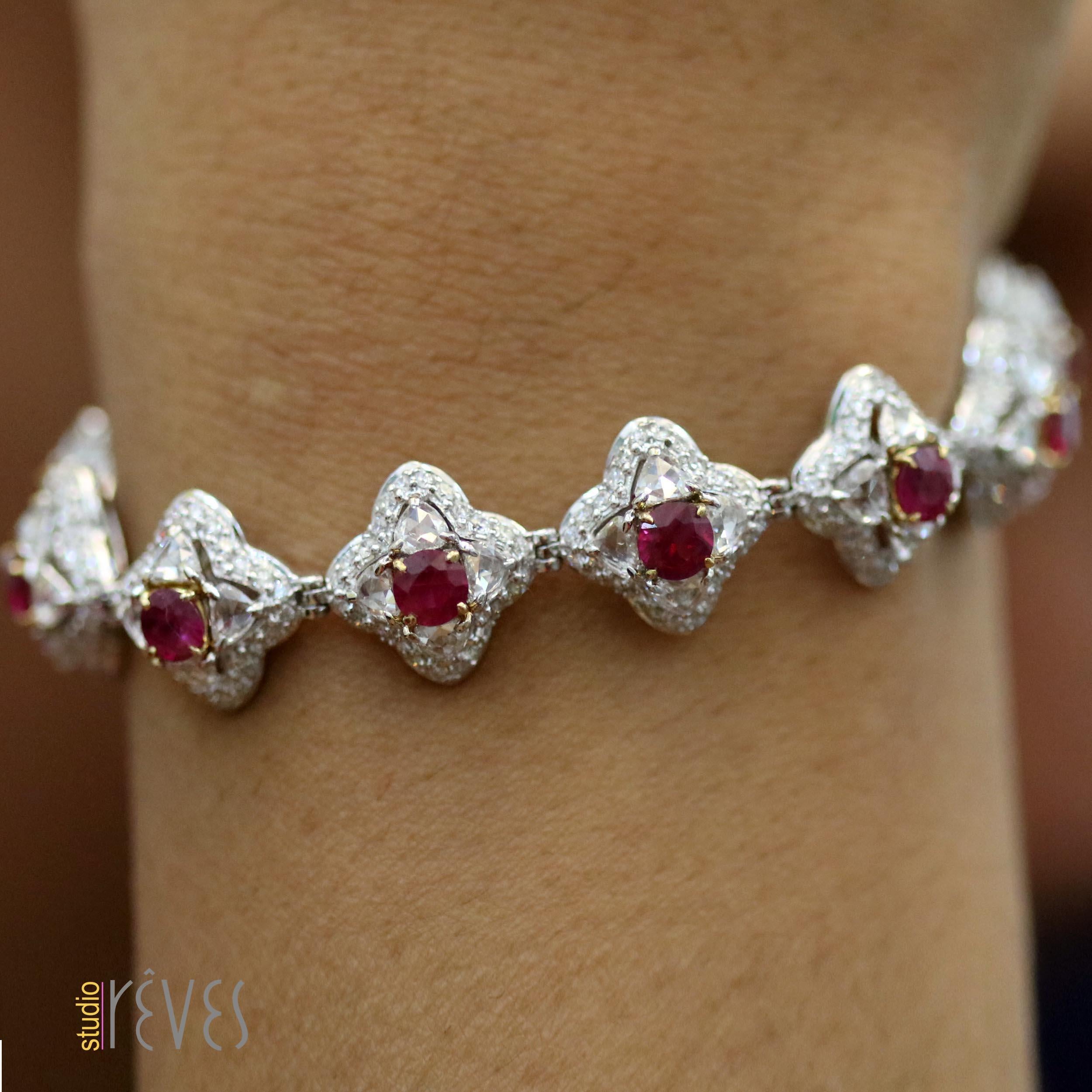 Gross Weight: 26.31 Grams
Diamond Weight: 5.66 cts
Ruby Weight: 3.44 cts
IGI Certified:  Summary No: 22J9755318

Video of the product can be shared on request.

We give the classic tennis bracelet a modern update with this dressy piece, ideal for