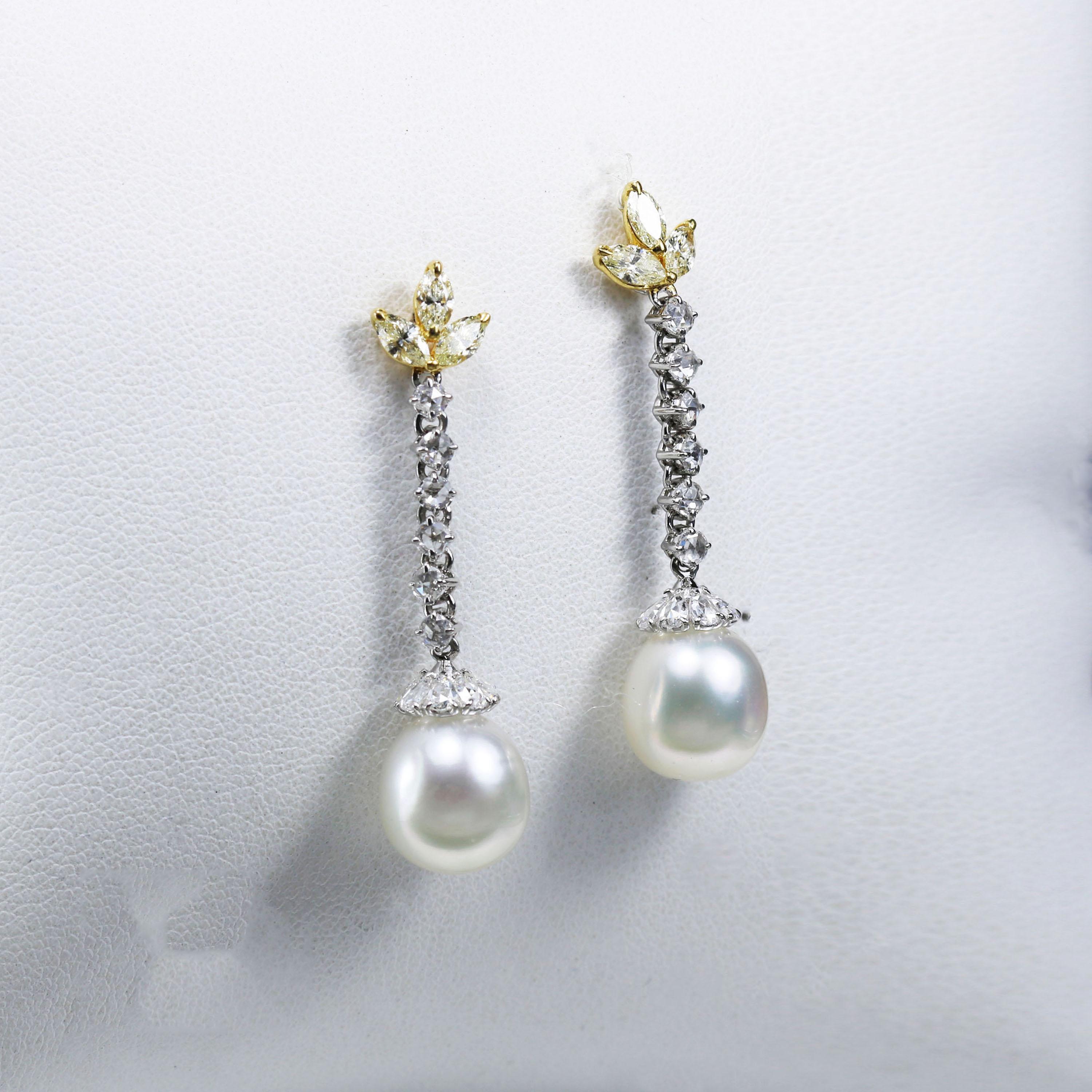 Studio Rêves Diamonds and South Sea Pearls Dangling Earrings in 18 Karat Gold For Sale 2
