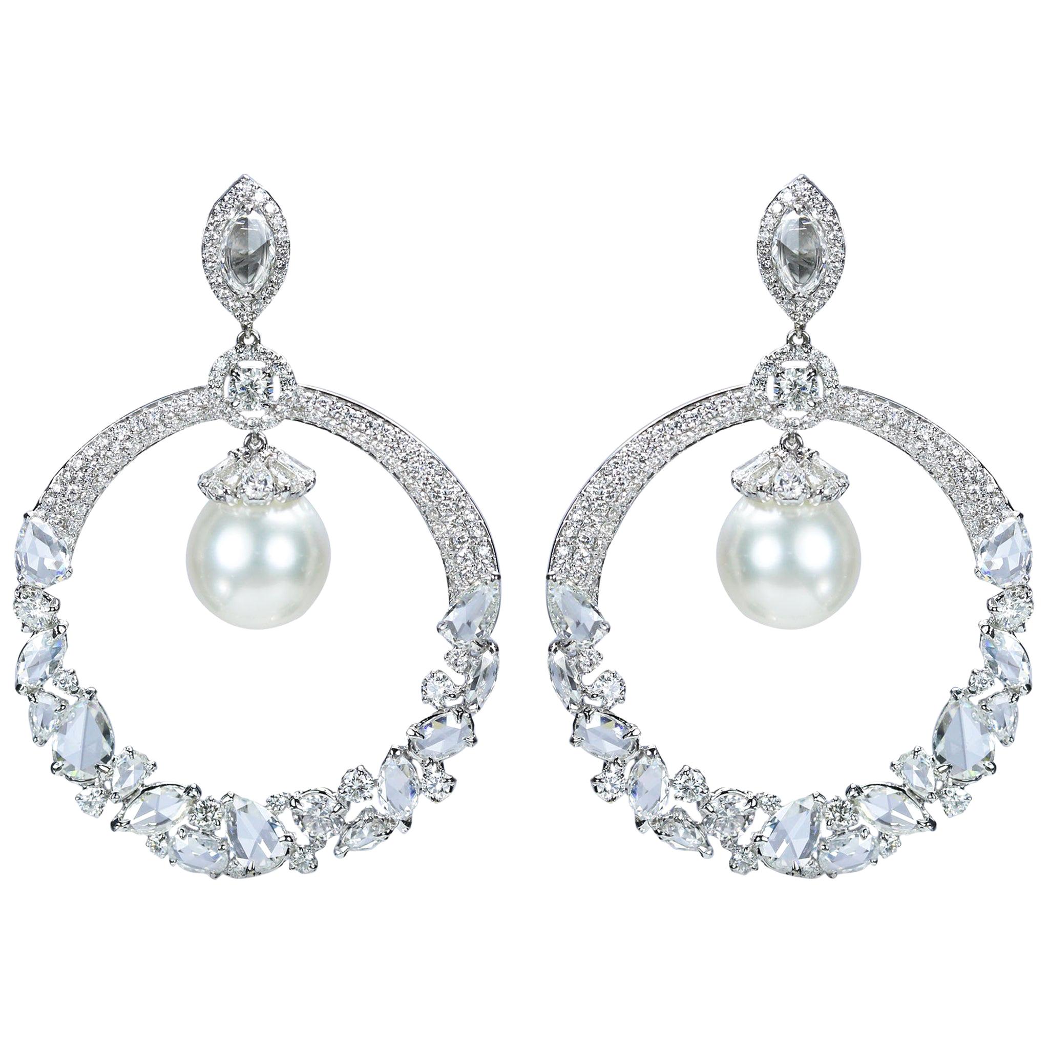 Studio Rêves Diamonds and South Sea Pearls Dangling Earrings in 18 Karat Gold