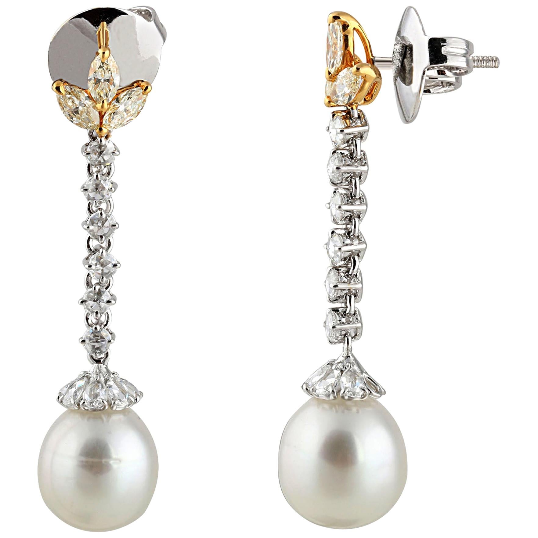 Studio Rêves Diamonds and South Sea Pearls Dangling Earrings in 18 Karat Gold For Sale