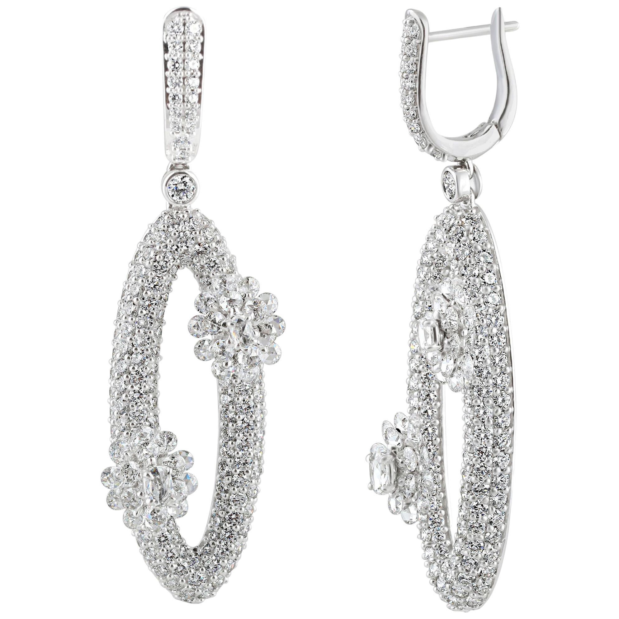 Studio Rêves Diamonds Oval Dangling Earrings in 18 Karat White Gold For Sale