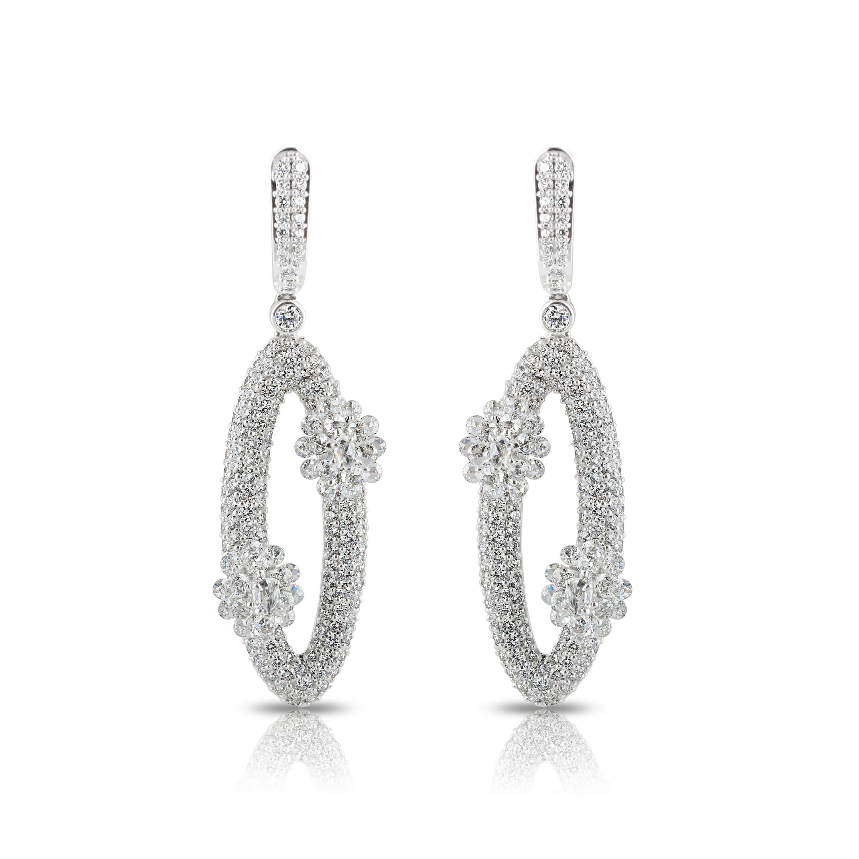 Rose Cut Studio Rêves Diamonds Oval Dangling Earrings in 18 Karat White Gold For Sale
