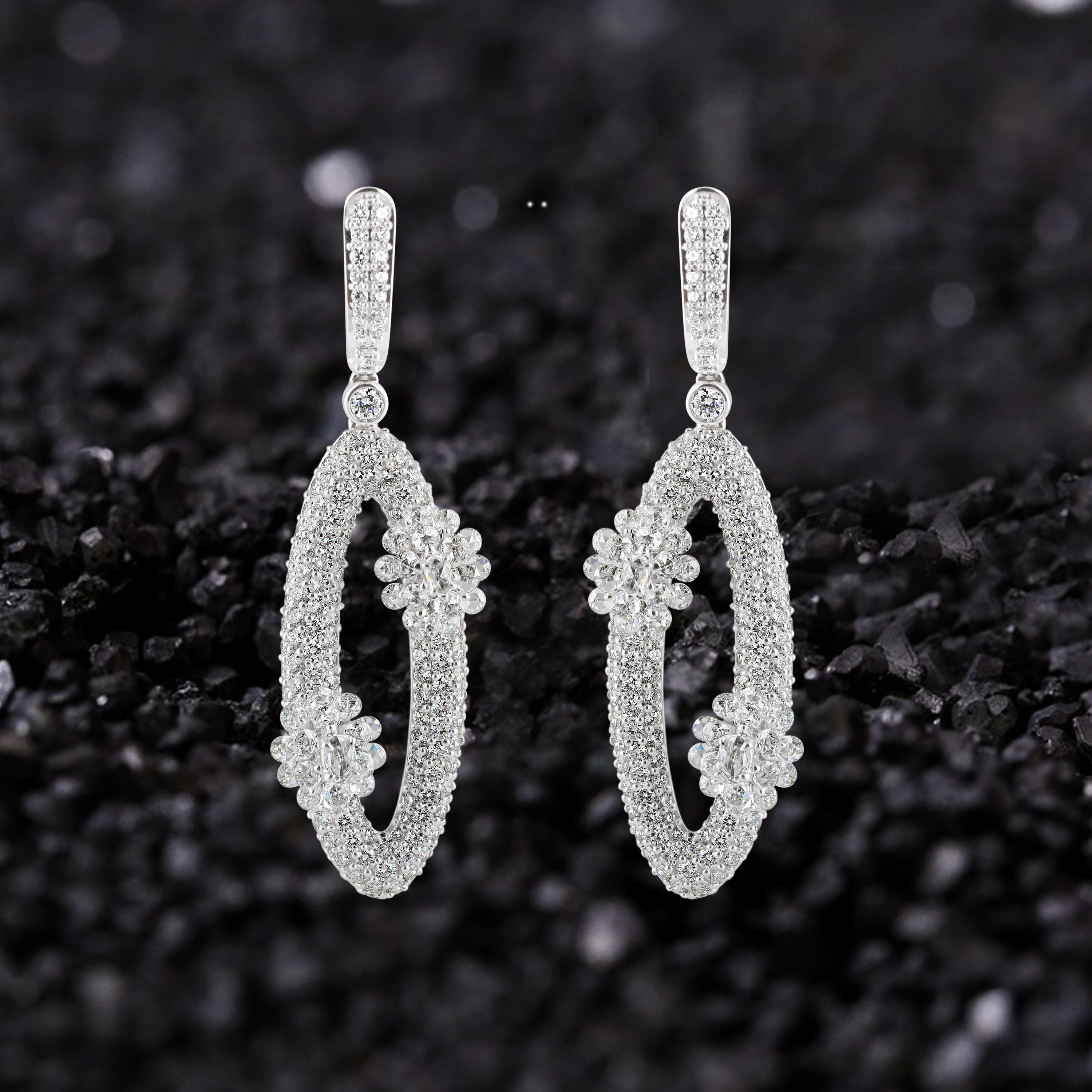 Studio Rêves Diamonds Oval Dangling Earrings in 18 Karat White Gold For Sale 1
