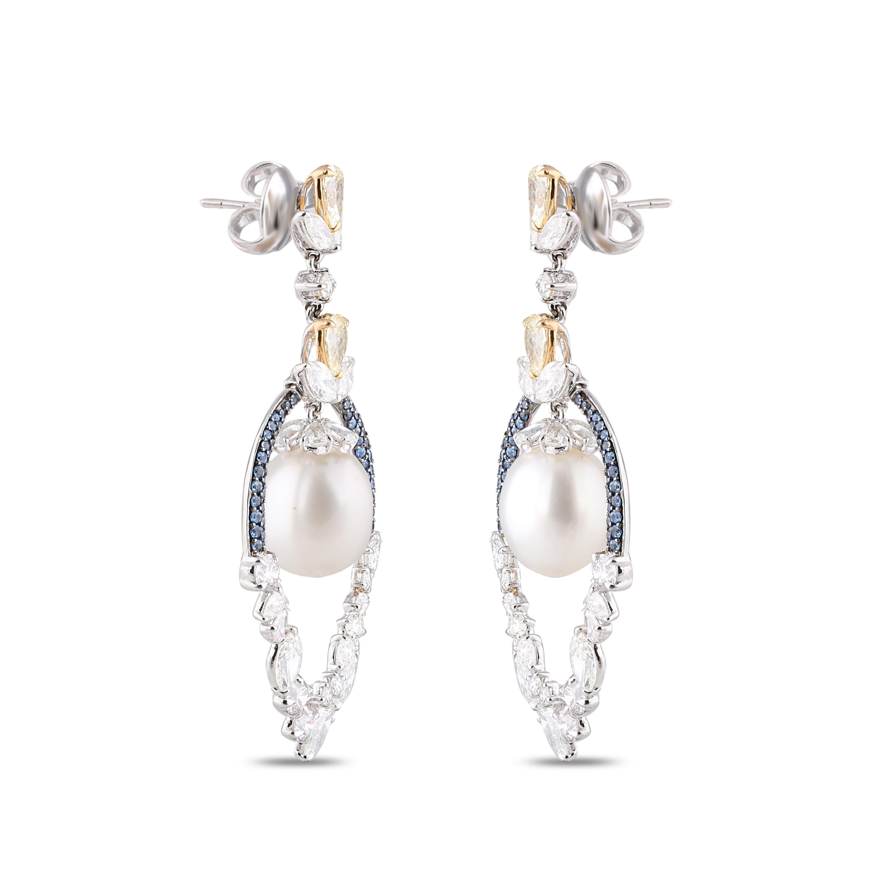 Contemporary Studio Rêves Diamonds Pearls and Blue Sapphire Dangling Earrings in 18K Gold For Sale
