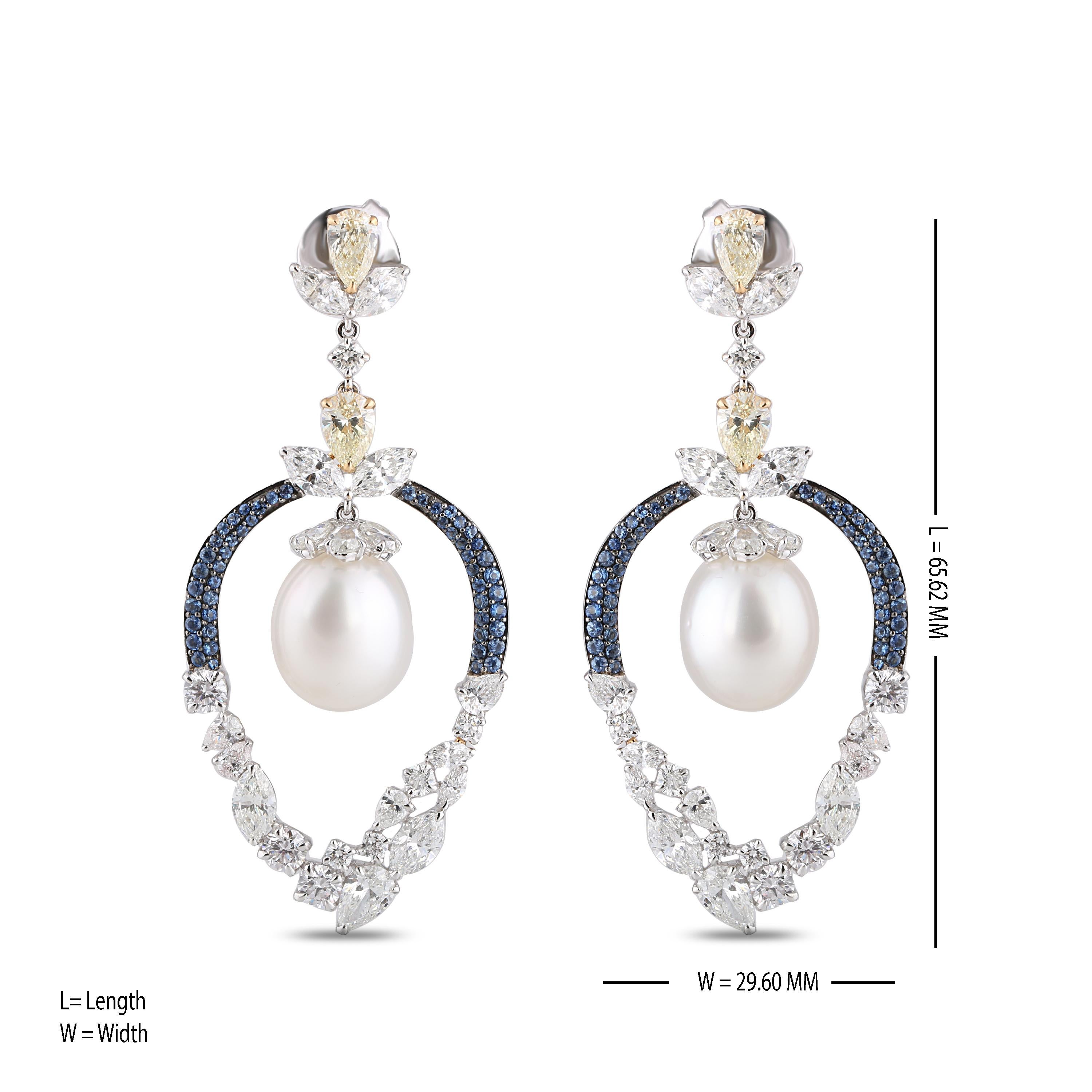 Studio Rêves Diamonds Pearls and Blue Sapphire Dangling Earrings in 18K Gold In New Condition For Sale In Mumbai, Maharashtra