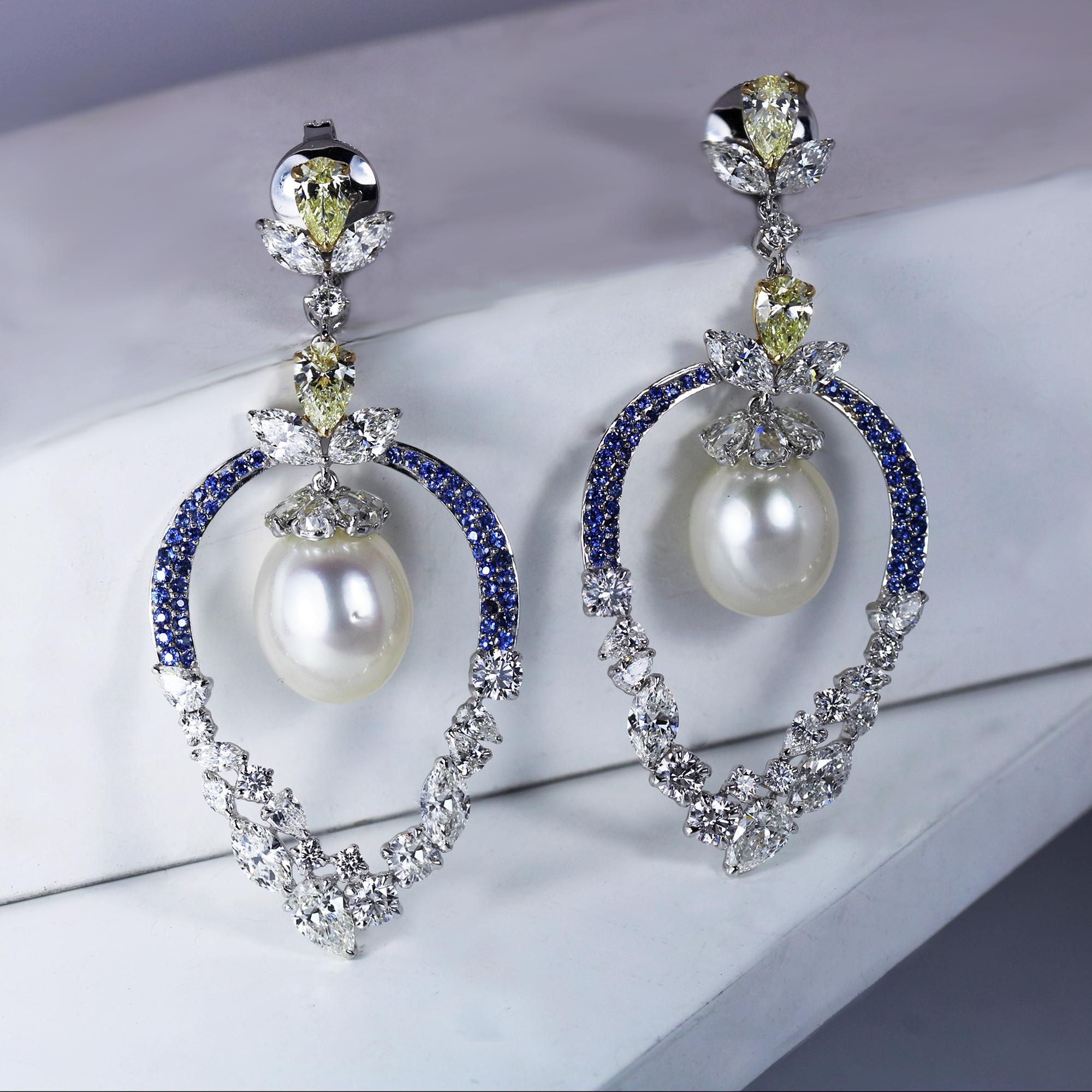 Women's Studio Rêves Diamonds Pearls and Blue Sapphire Dangling Earrings in 18K Gold For Sale