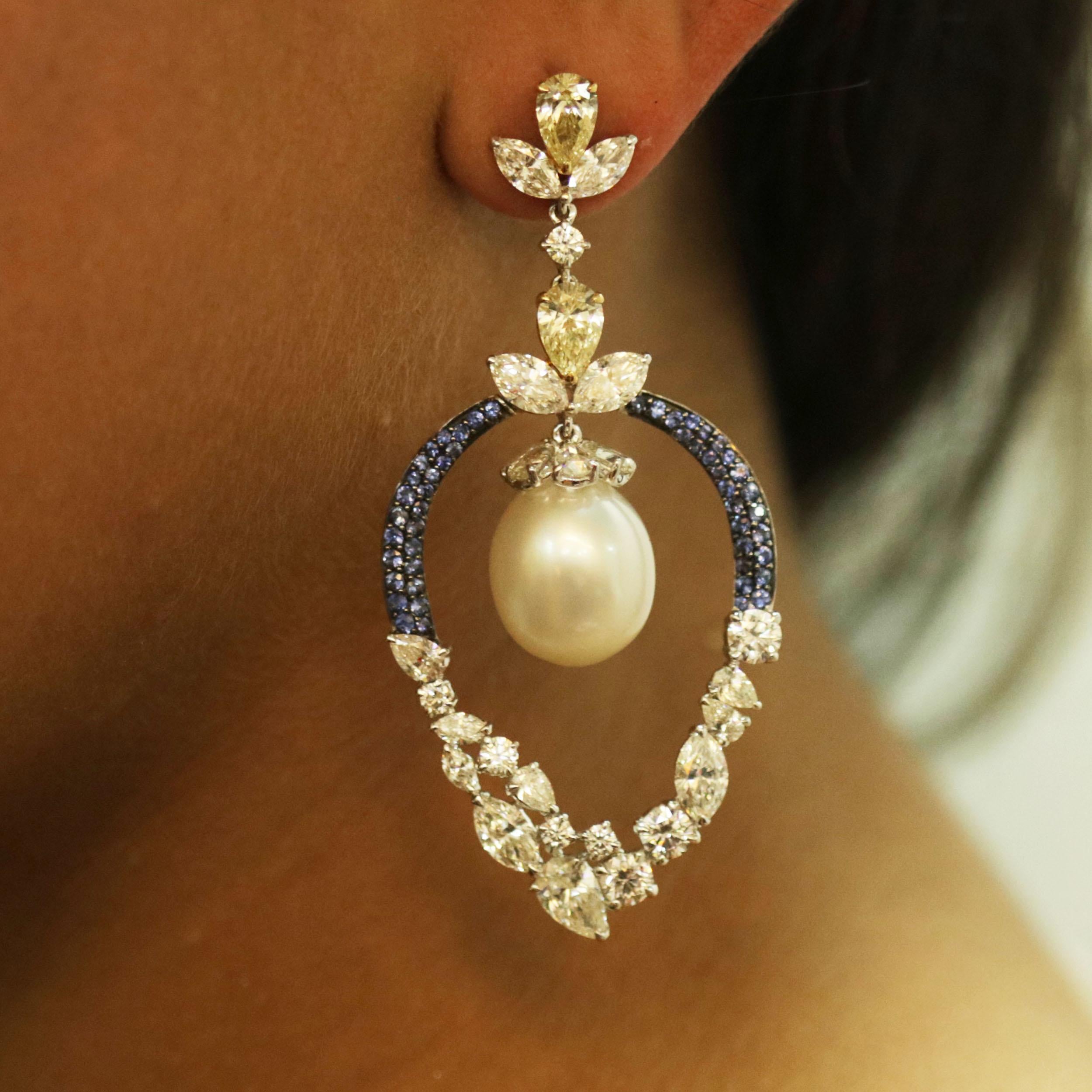 Studio Rêves Diamonds Pearls and Blue Sapphire Dangling Earrings in 18K Gold For Sale 1