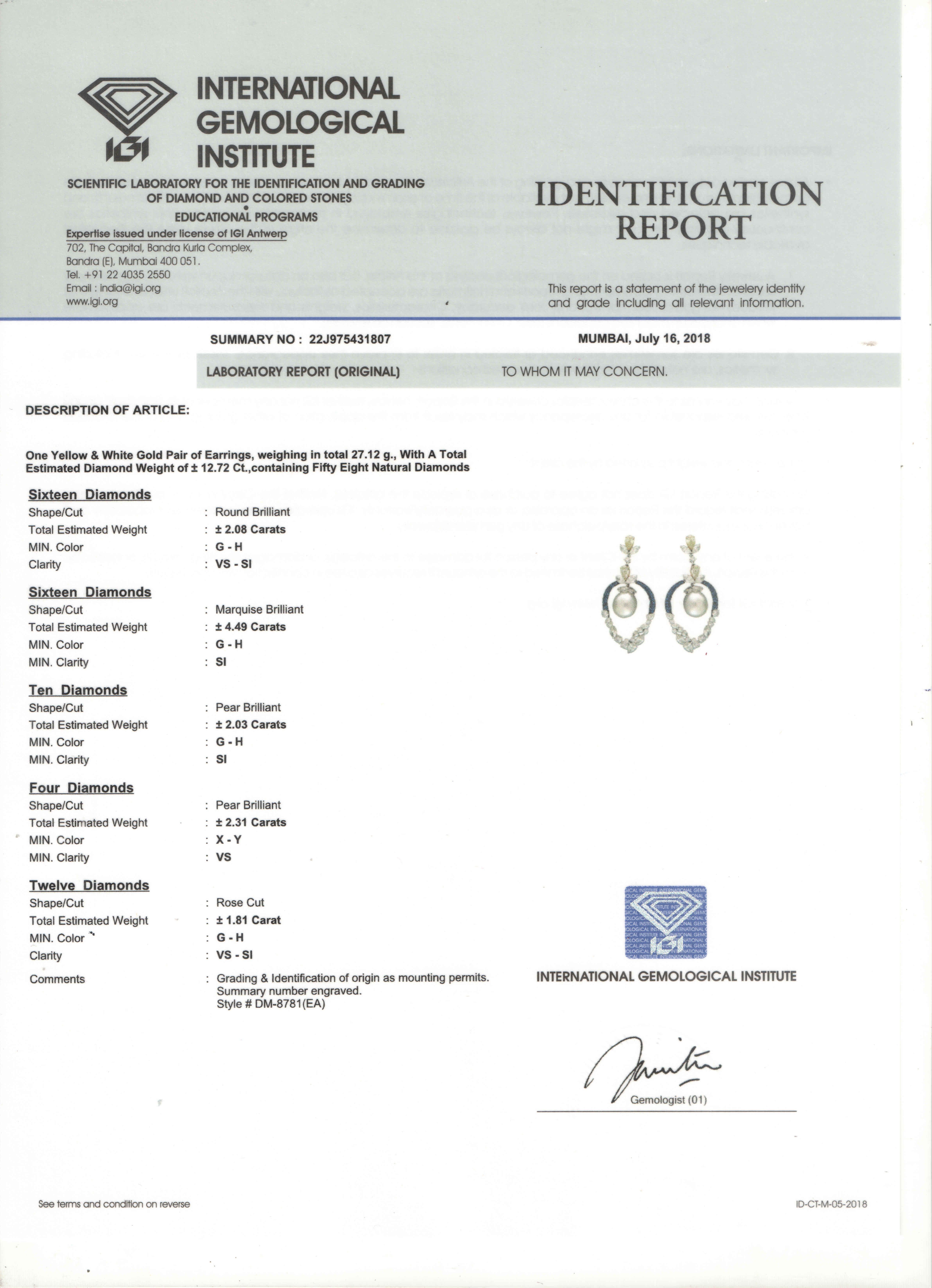 Studio Rêves Diamonds Pearls and Blue Sapphire Dangling Earrings in 18K Gold For Sale 2