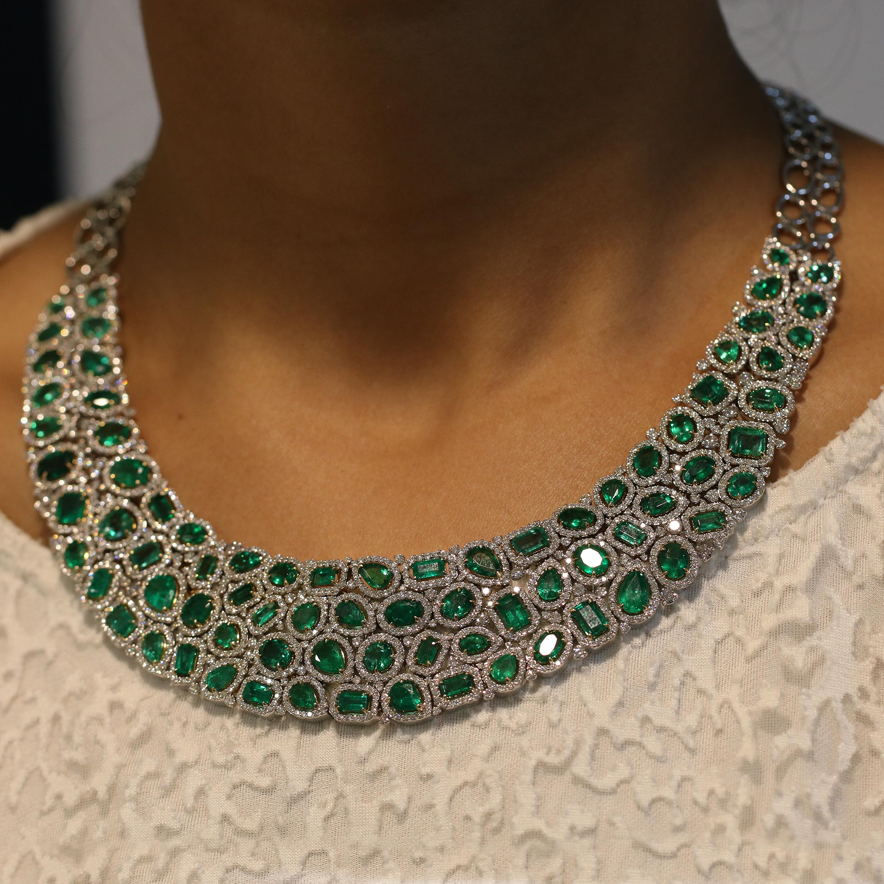 Gross Weight: 119.0 Grams
Diamond Weight: 17.11 Carats
Emerald Weight: 34.74 Carats
Currently Not Graded. IGI Certification can be done on request.

Video of the Necklace can be shared on request.

A resplendent design that's bound to make head