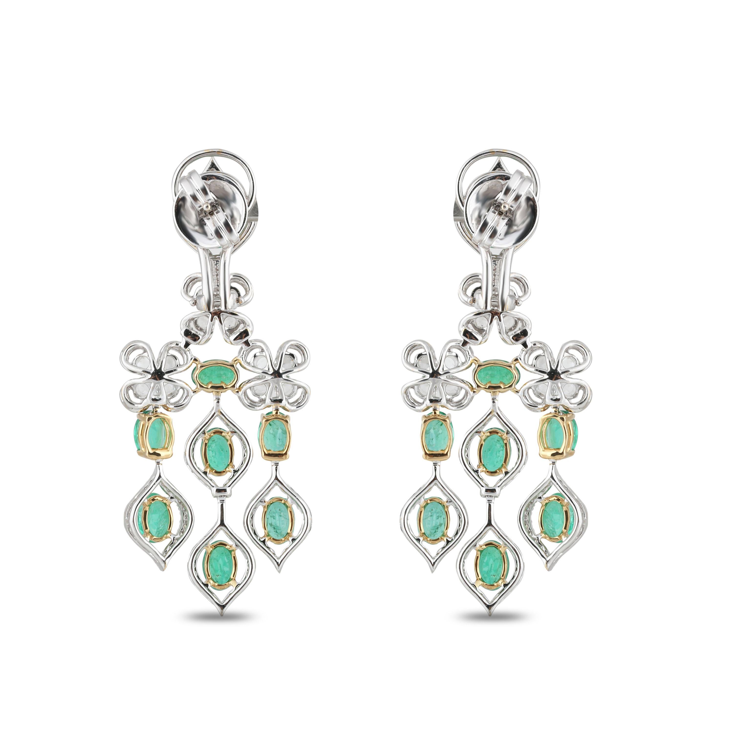 Oval Cut Studio Rêves Emerald and Diamonds Dangling Earrings in 18 Karat Gold For Sale