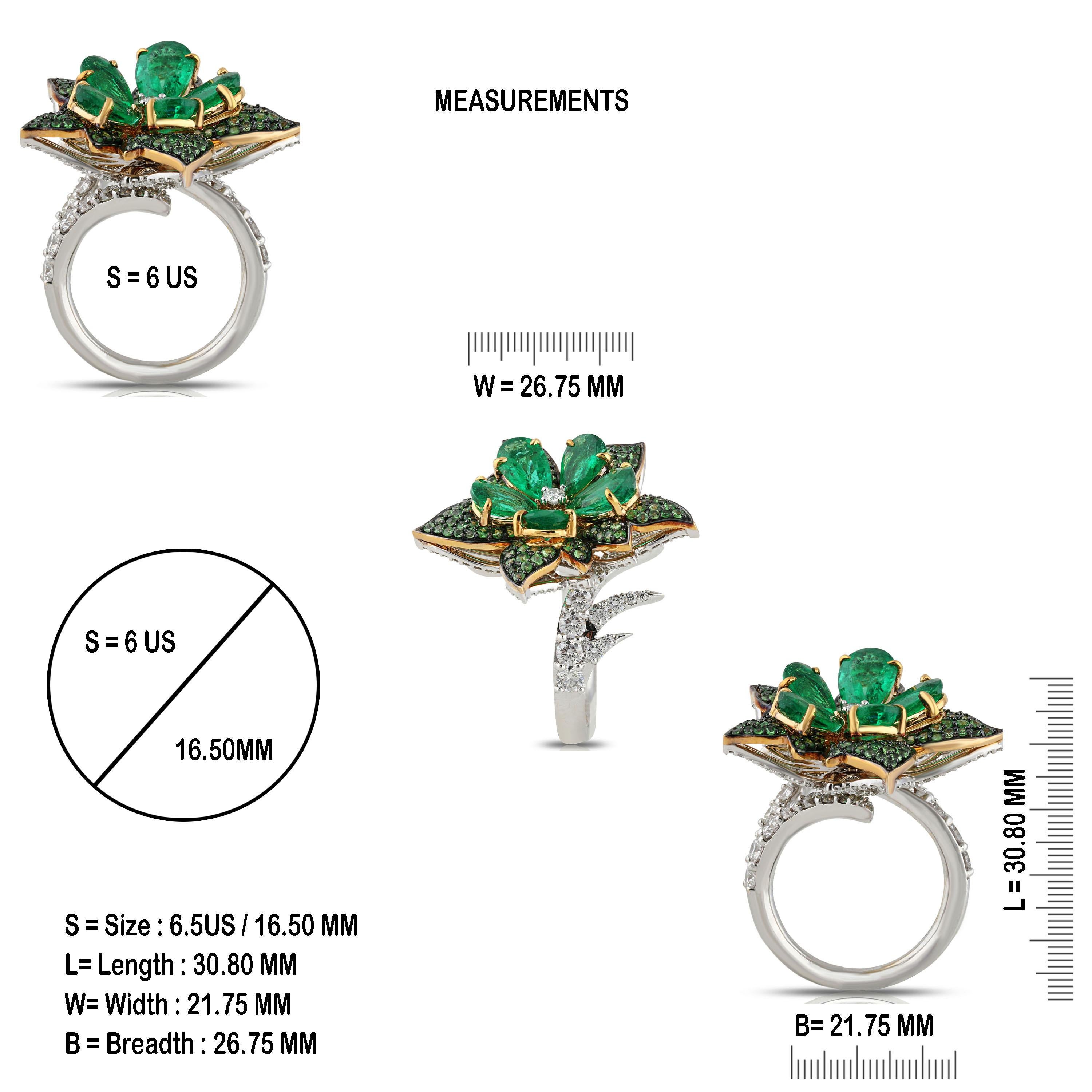 Pear Cut Studio Rêves Emeralds and Diamonds Floral Cocktail Ring in 18 Karat Gold For Sale