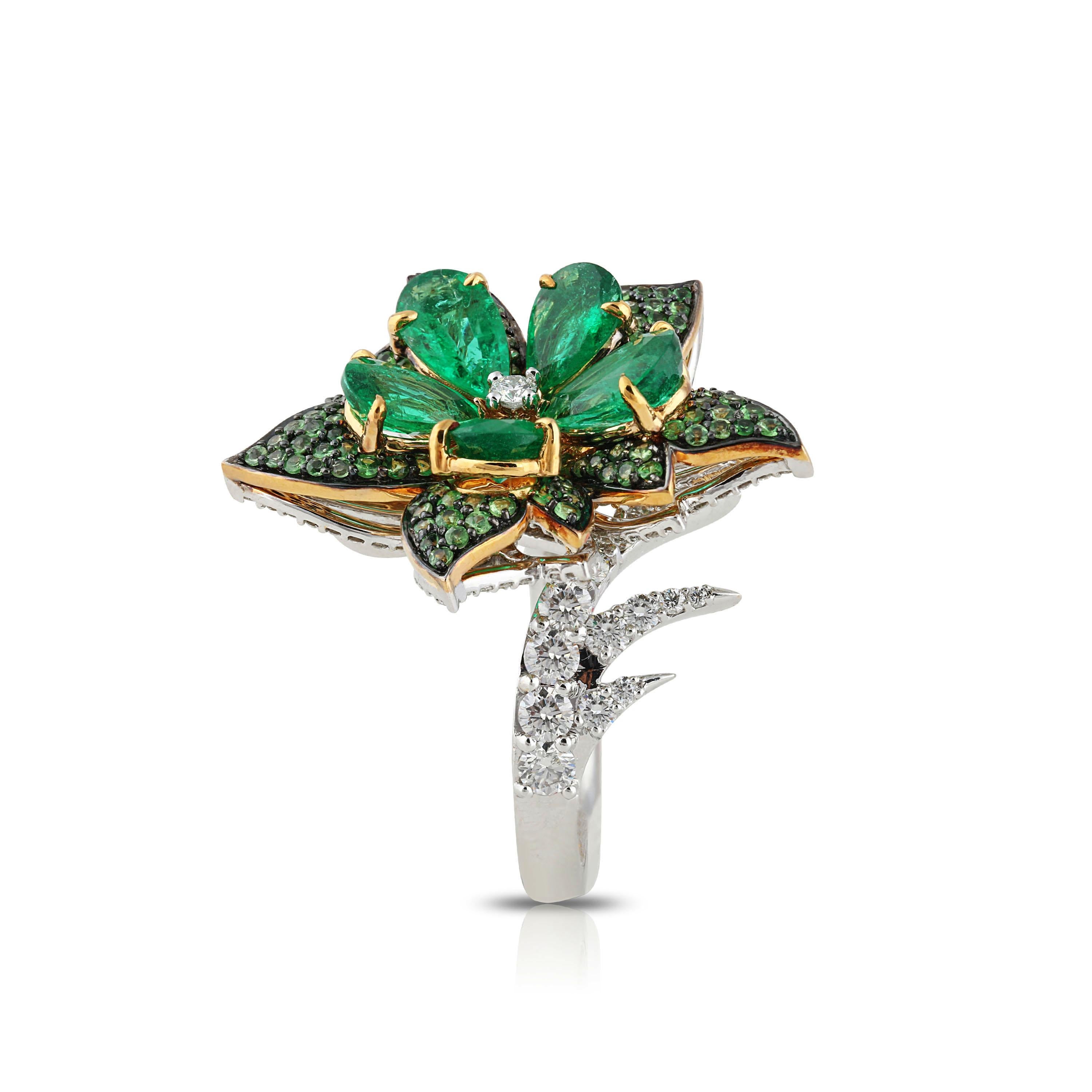 Women's Studio Rêves Emeralds and Diamonds Floral Cocktail Ring in 18 Karat Gold For Sale