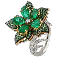 Studio Rêves Emeralds and Diamonds Floral Cocktail Ring in 18 Karat Gold