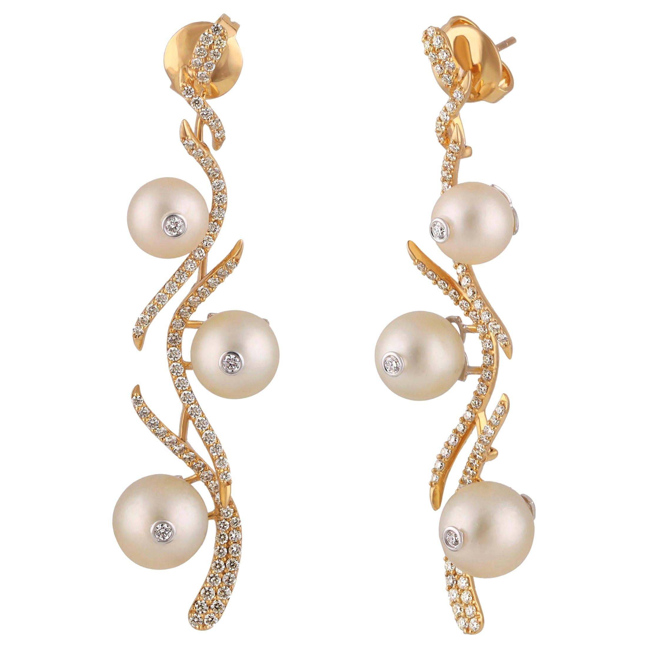 Studio Rêves Floral Diamond and Pearl Dangling Earrings in 18 Karat Gold For Sale