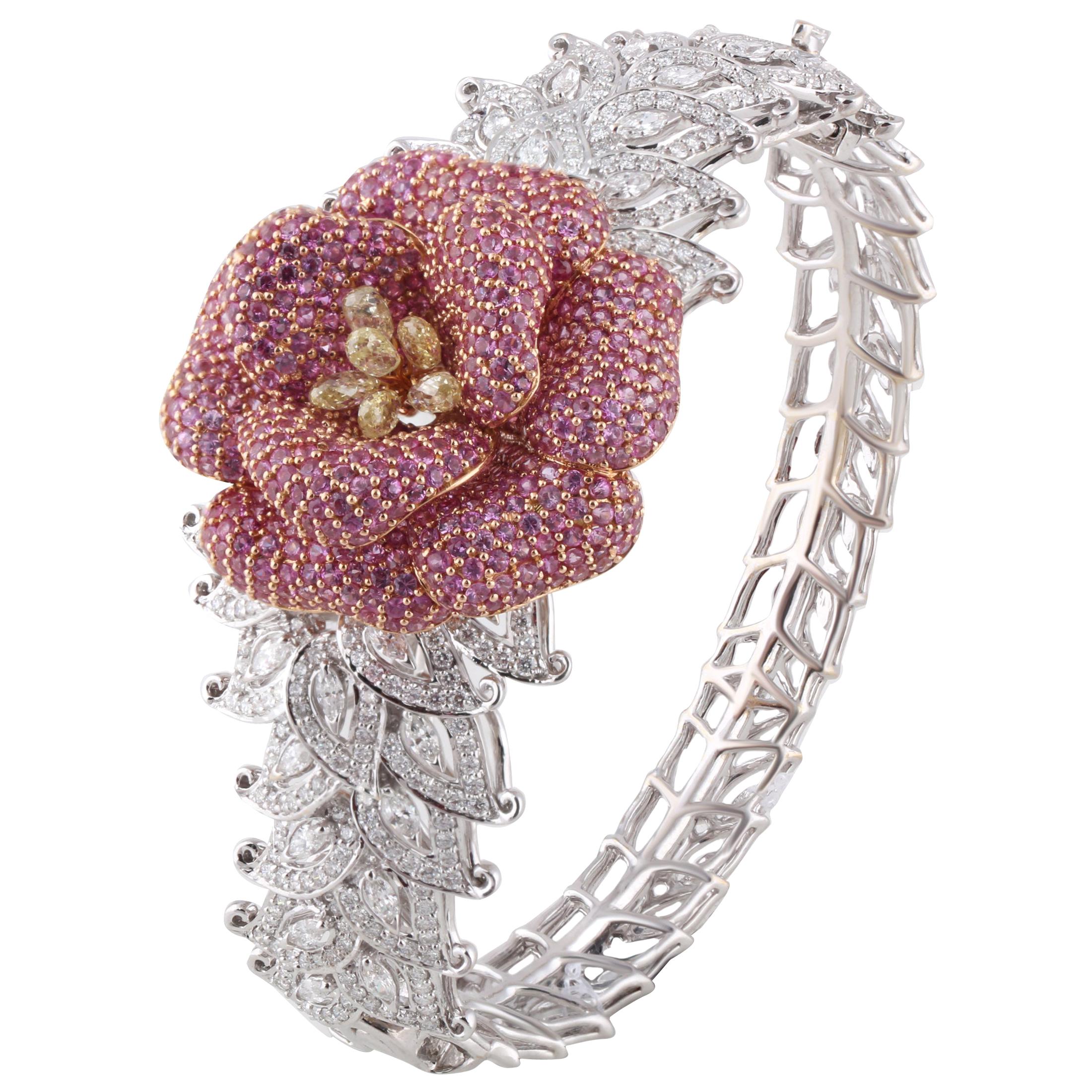 Studio Rêves Floral Diamond and Pink Sapphire Cuff Bracelet in 18 Karat Gold