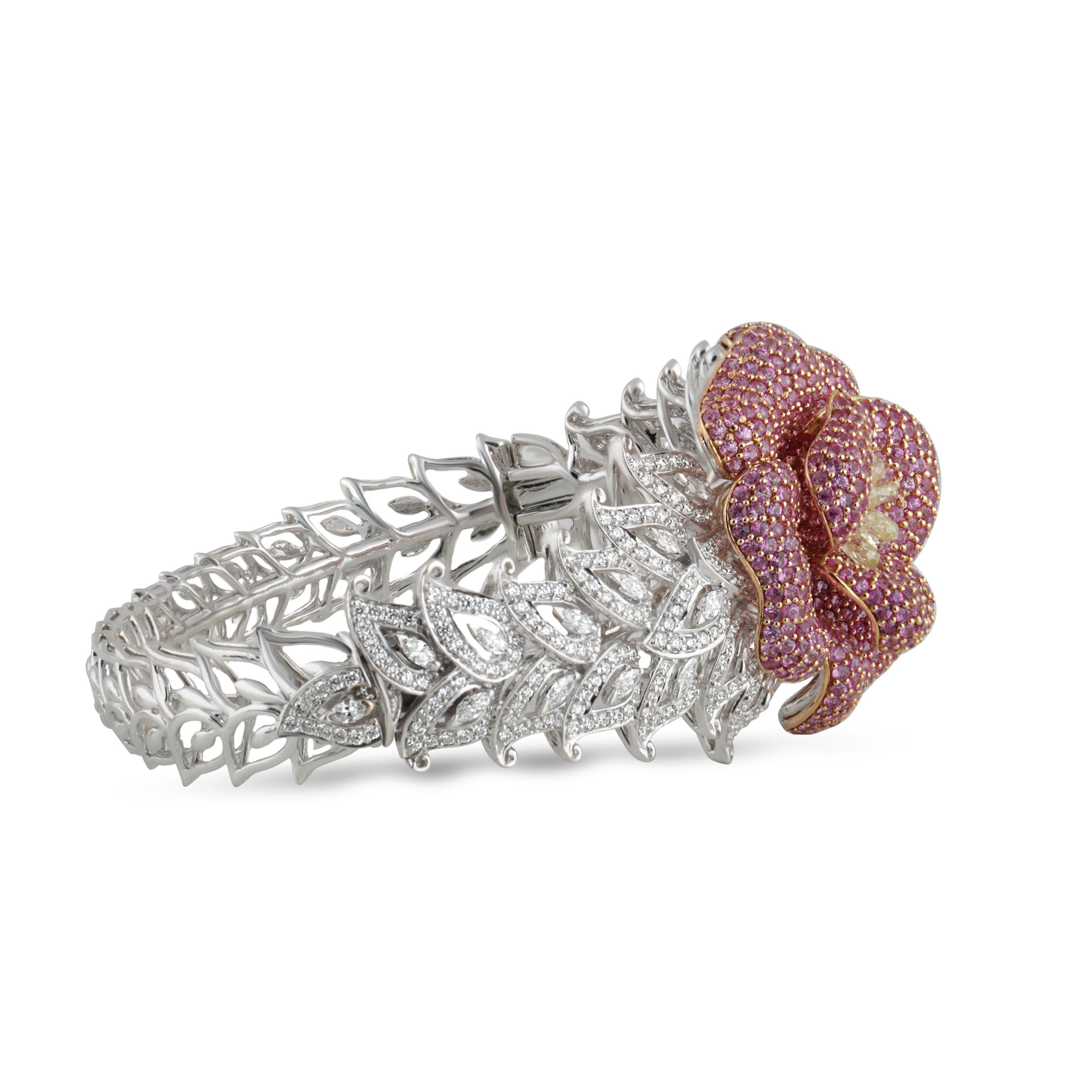 Contemporary Studio Rêves Floral Diamond and Pink Sapphire Cuff Bracelet in 18 Karat Gold