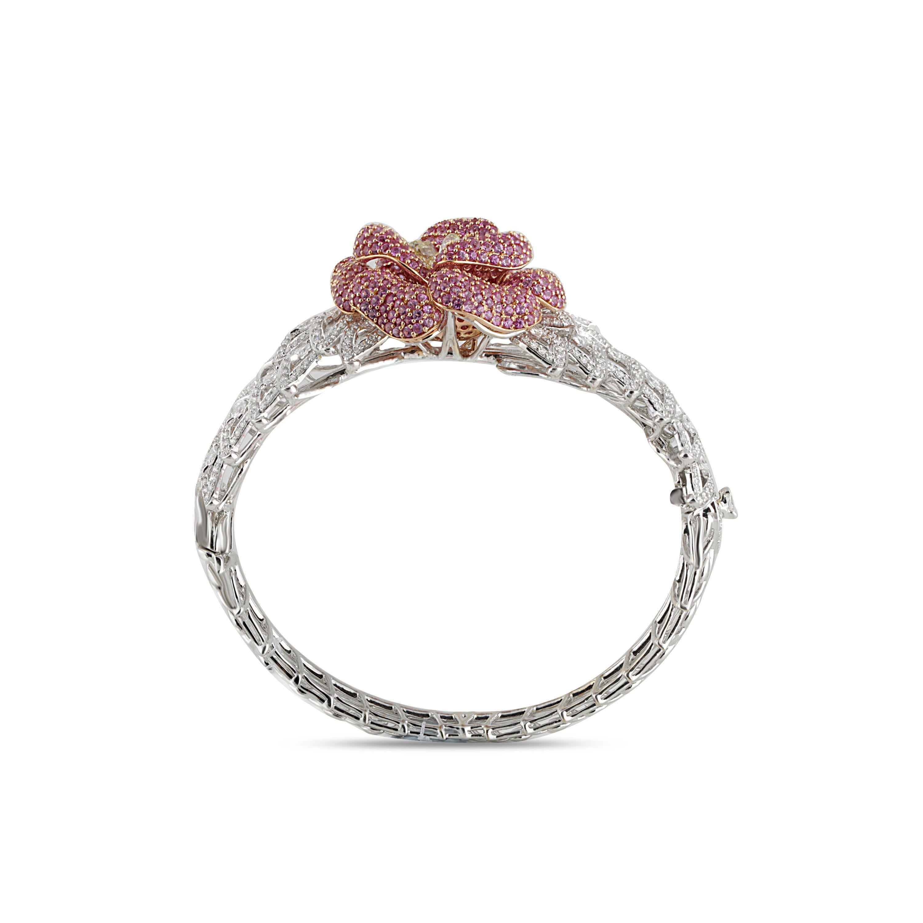 Round Cut Studio Rêves Floral Diamond and Pink Sapphire Cuff Bracelet in 18 Karat Gold