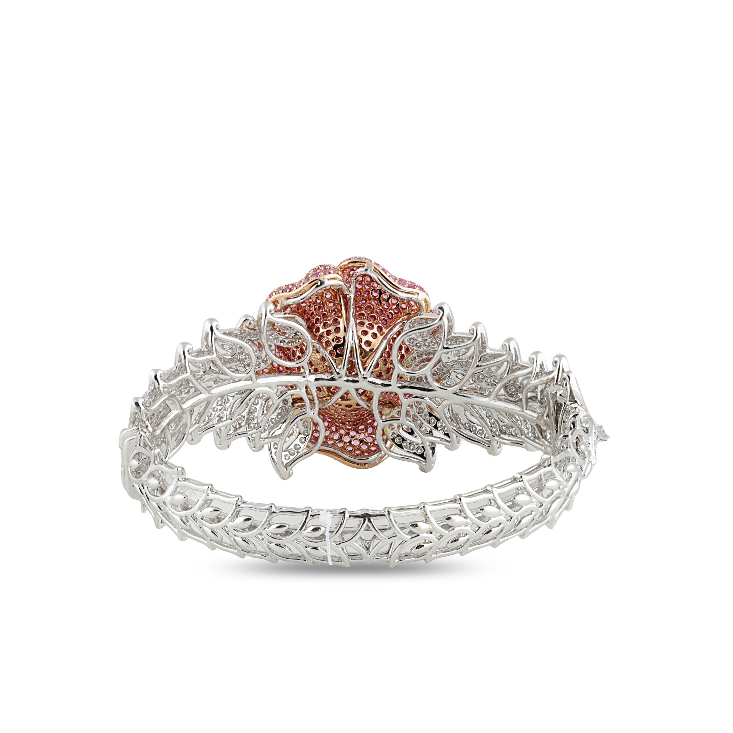 Studio Rêves Floral Diamond and Pink Sapphire Cuff Bracelet in 18 Karat Gold In New Condition In Mumbai, Maharashtra