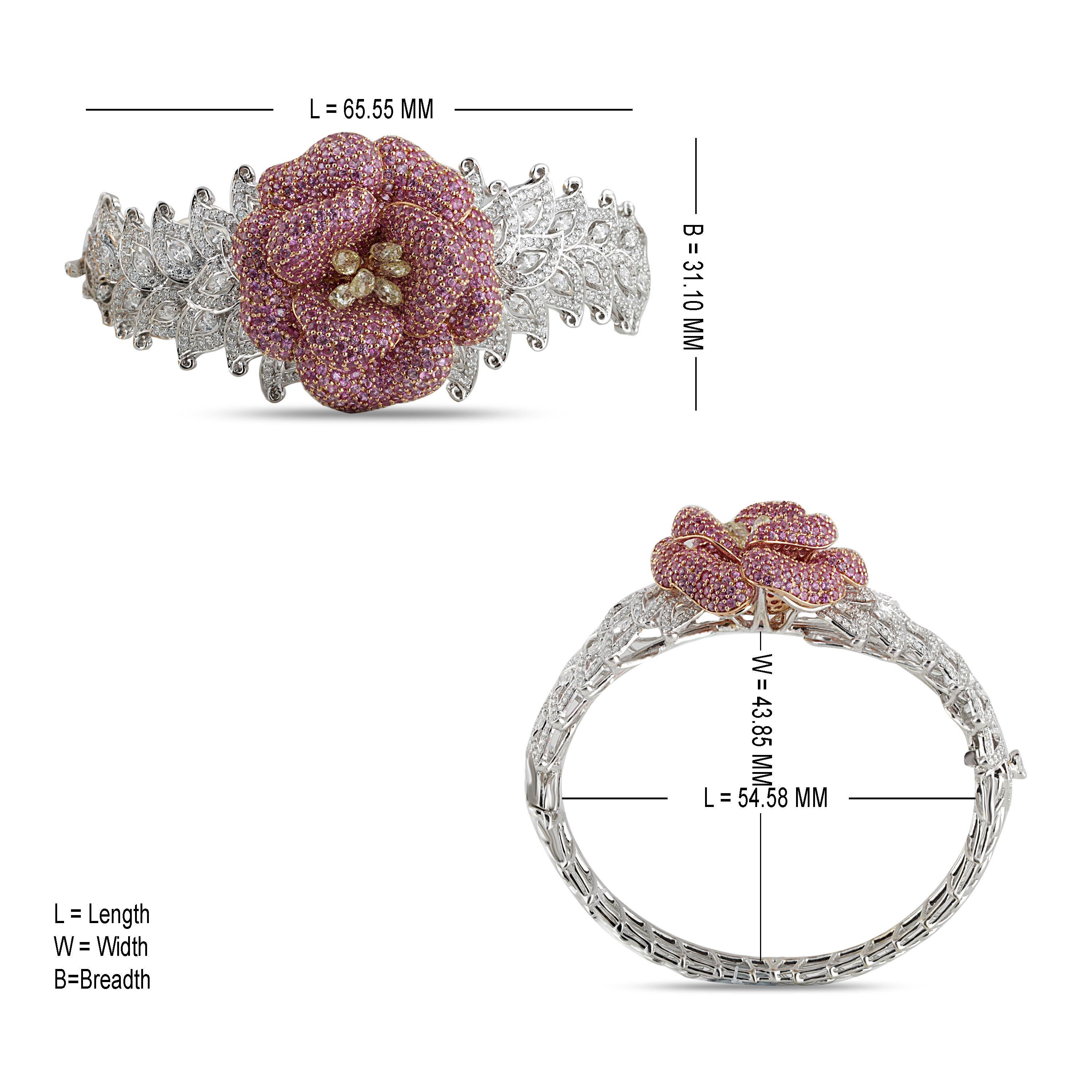 Women's Studio Rêves Floral Diamond and Pink Sapphire Cuff Bracelet in 18 Karat Gold