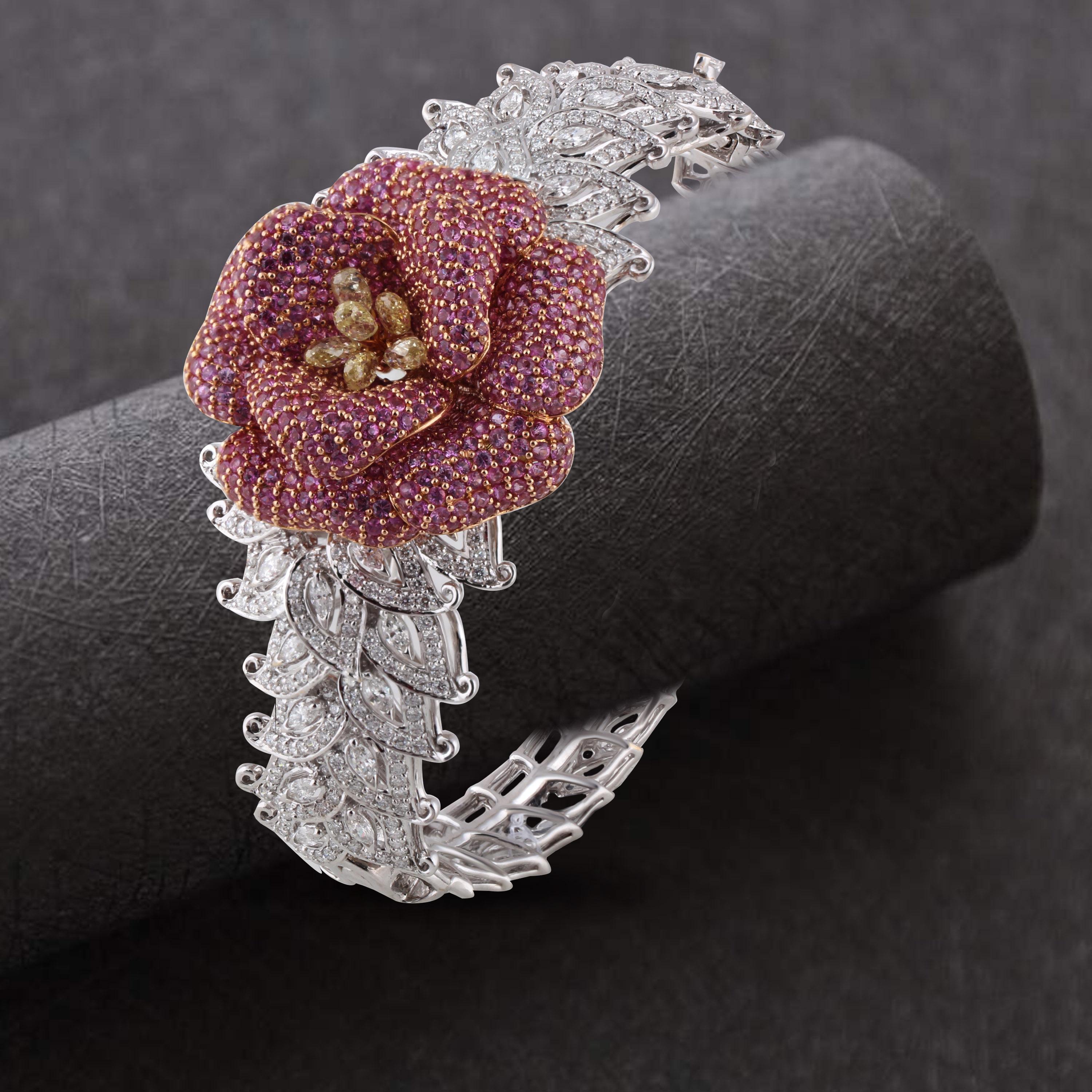 Studio Rêves Floral Diamond and Pink Sapphire Cuff Bracelet in 18 Karat Gold 1