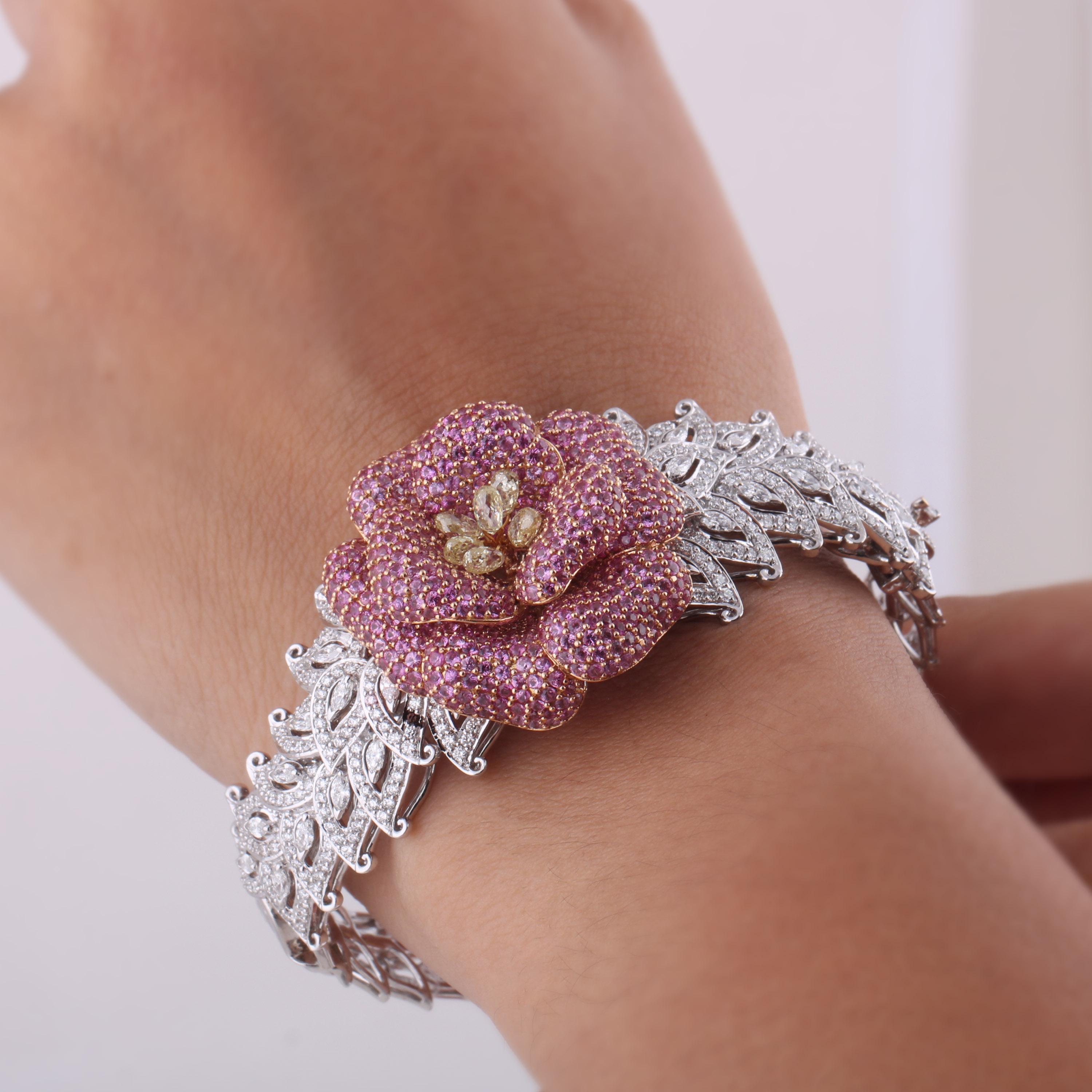 Studio Rêves Floral Diamond and Pink Sapphire Cuff Bracelet in 18 Karat Gold 2