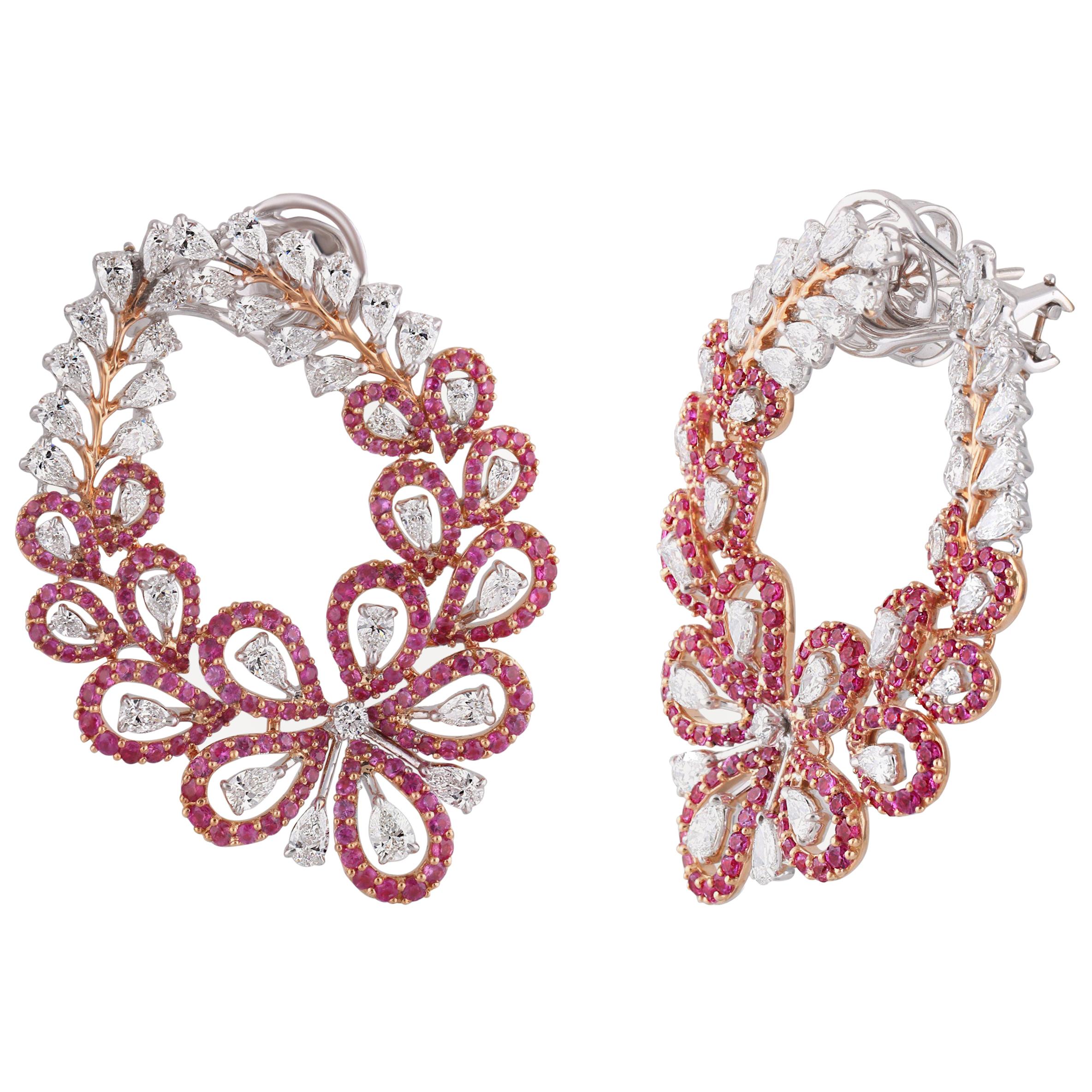 Studio Rêves Floral Pink Sapphire and Diamond Stud Earrings in 18 Karat Gold For Sale